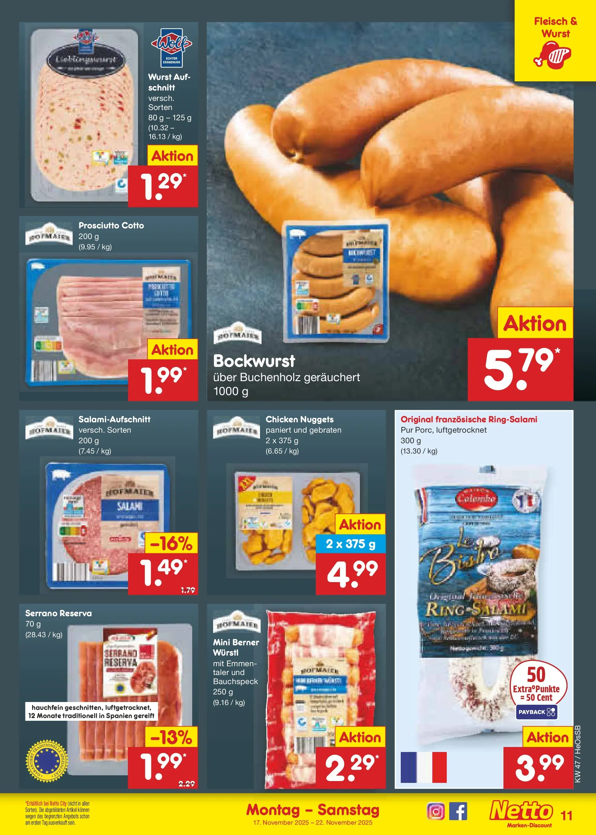 Netto Marken-Discount prospekt Kröpelin	 (ab 17.11.2025) » Angebote | Seite: 11 | Produkte: Bockwurst, Würstl, Wurst, Fleisch