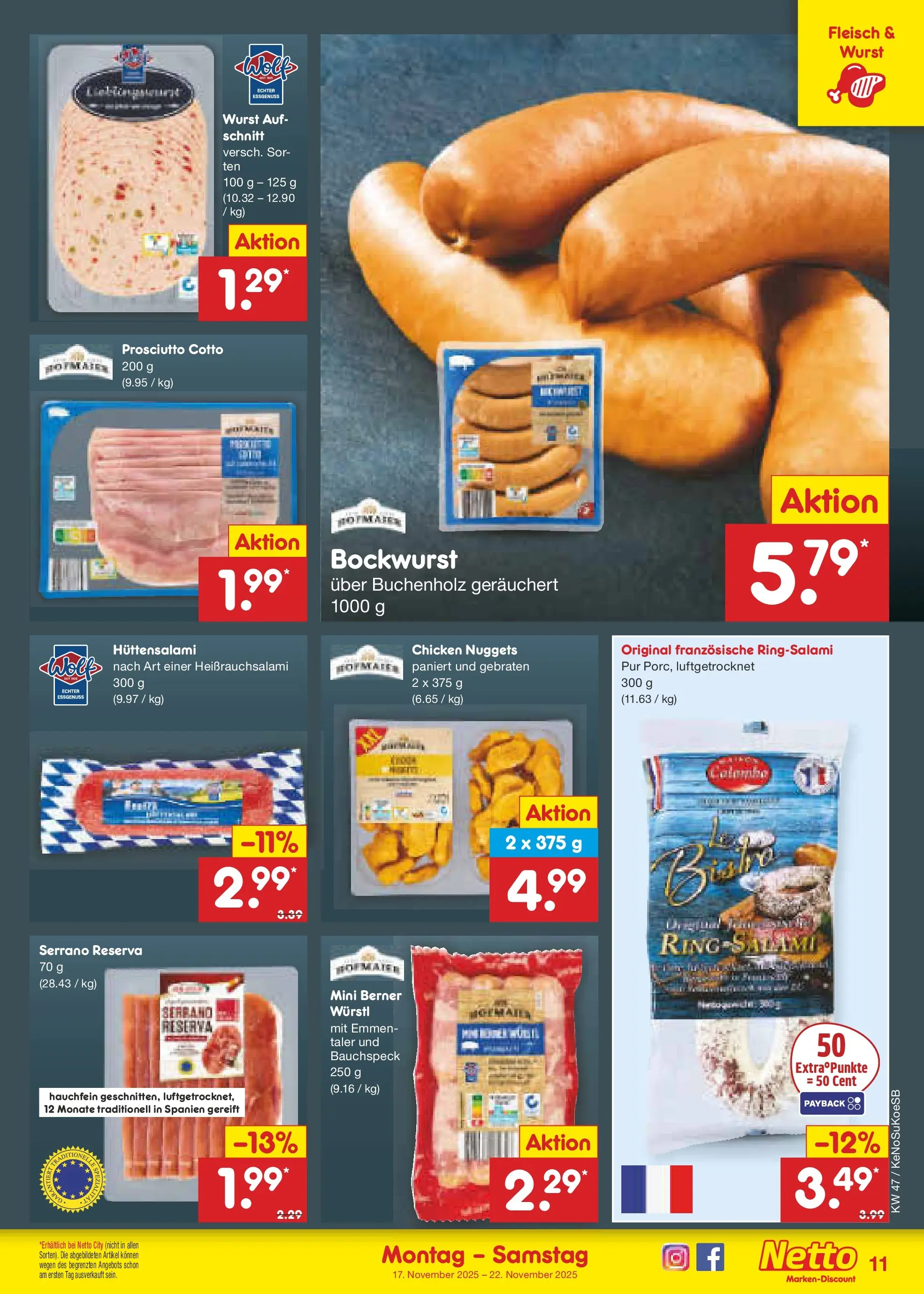 Netto Marken-Discount prospekt Kruft	 (ab 16.11.2025) » Angebote | Seite: 11 | Produkte: Bockwurst, Würstl, Wurst, Fleisch