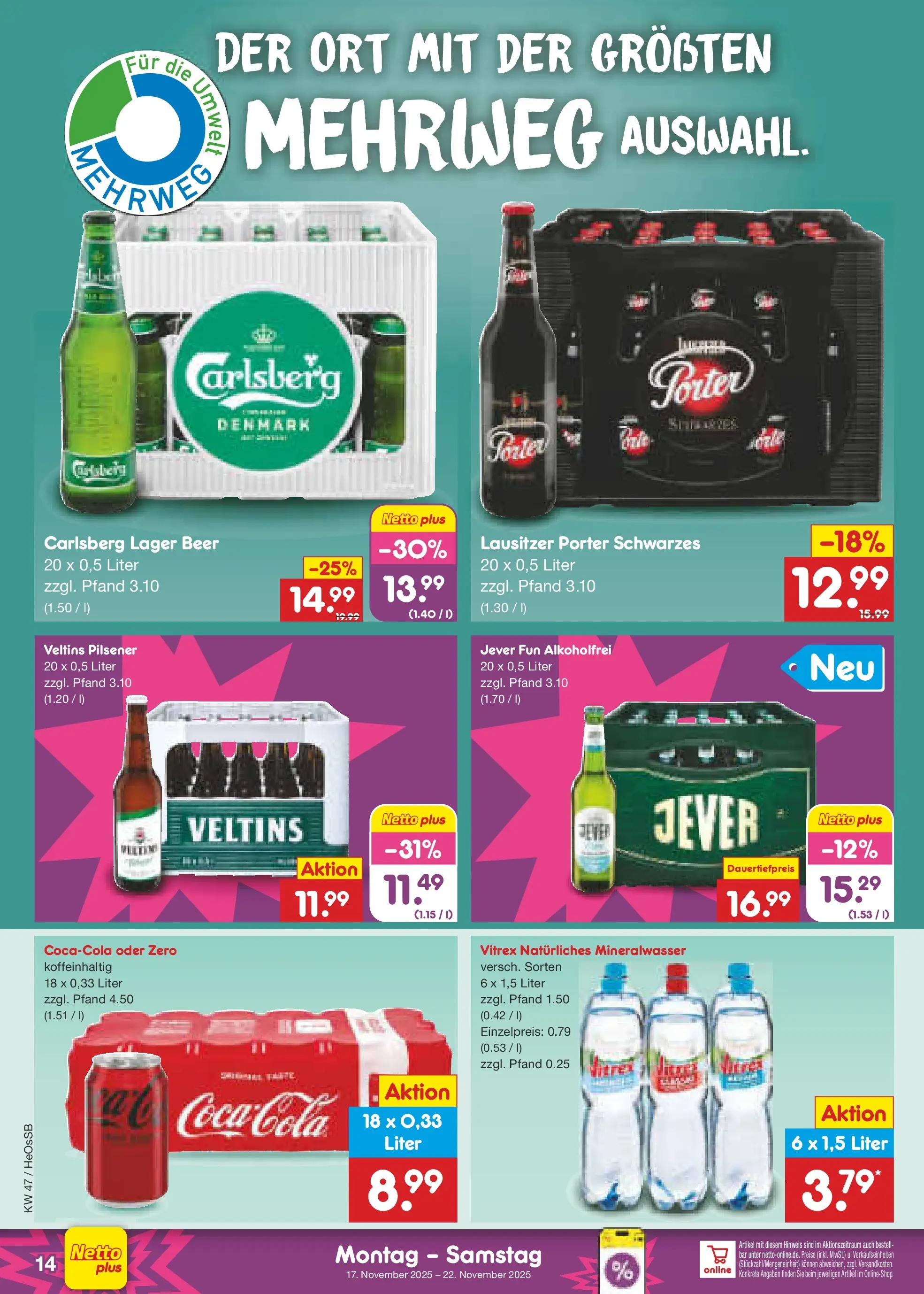 Netto Marken-Discount prospekt Kröpelin	 (ab 17.11.2025) » Angebote | Seite: 14 | Produkte: Cola, Mineralwasser, Jever, Veltins