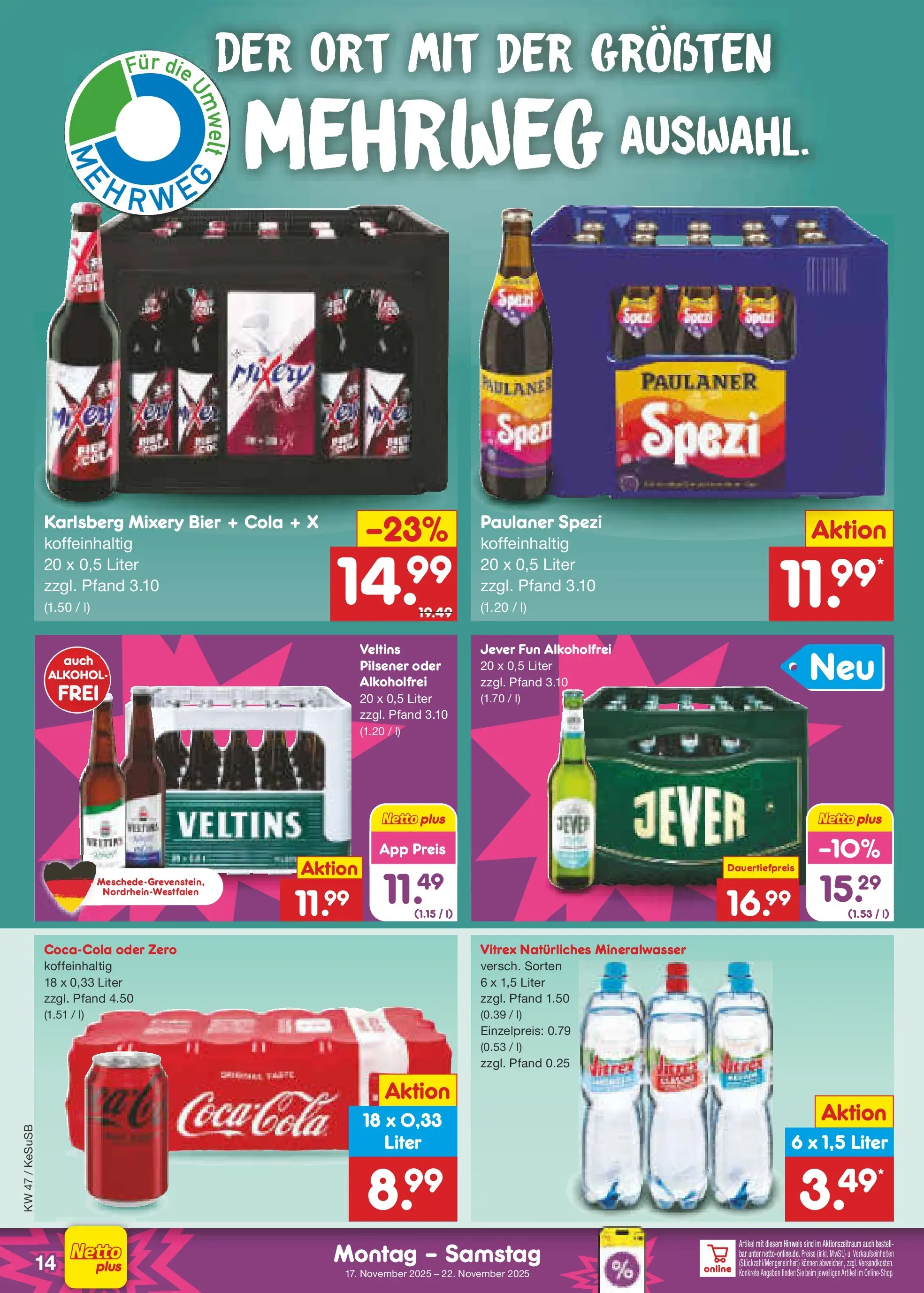 Netto Marken-Discount prospekt Kruft	 (ab 16.11.2025) » Angebote | Seite: 14 | Produkte: Coca cola, Cola, Bier, Mineralwasser
