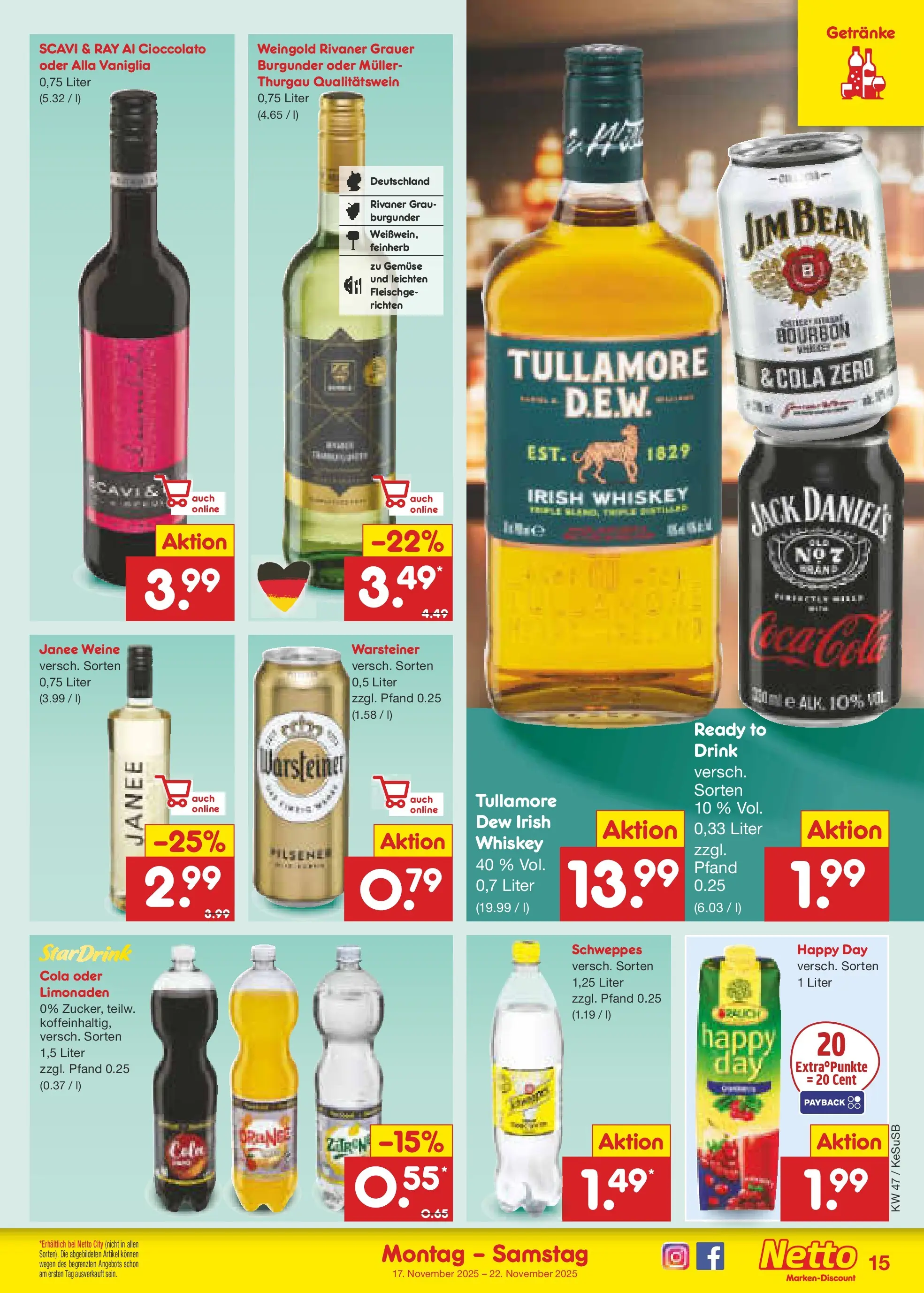 Netto Marken-Discount prospekt Kruft	 (ab 16.11.2025) » Angebote | Seite: 15 | Produkte: Cola, Jack Daniel's, Schweppes, Bourbon