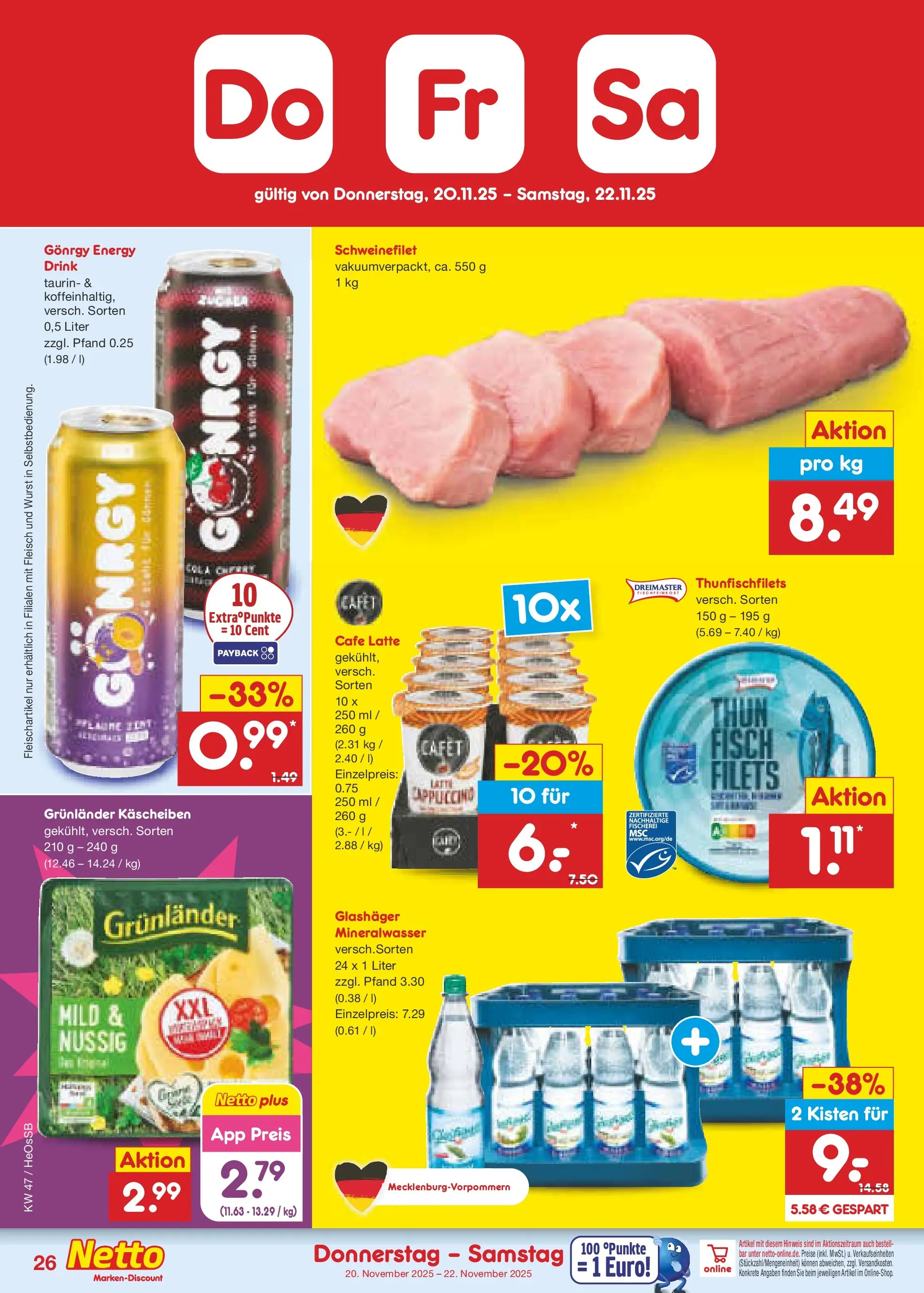 Netto Marken-Discount prospekt Kröpelin	 (ab 17.11.2025) » Angebote | Seite: 34 | Produkte: Mineralwasser, Schweinefilet, Grunlander, Wurst