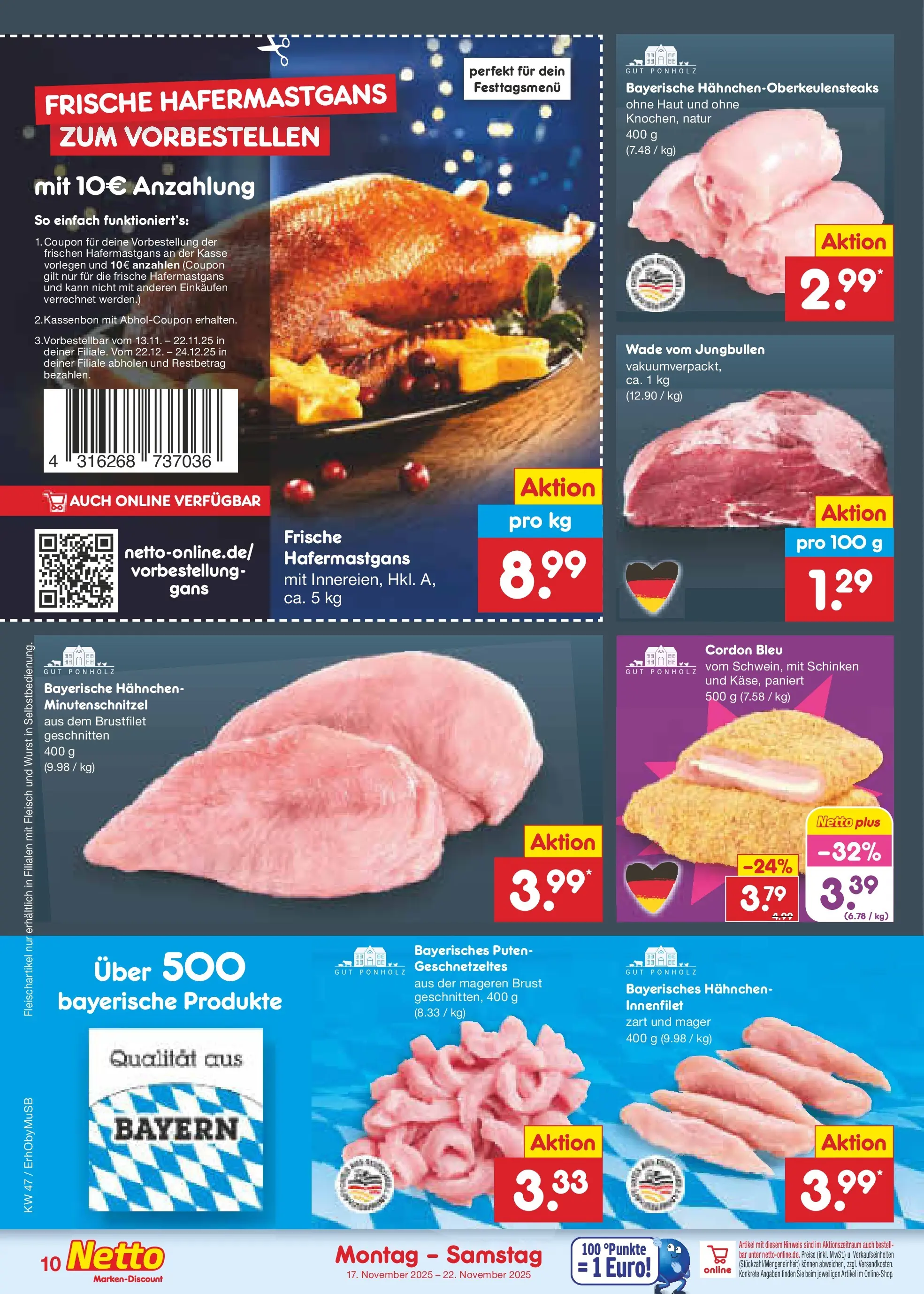 Netto Marken-Discount prospekt Mauern	 (ab 16.11.2025) » Angebote | Seite: 10 | Produkte: Hahnchen, Wurst, Schinken, Fleisch
