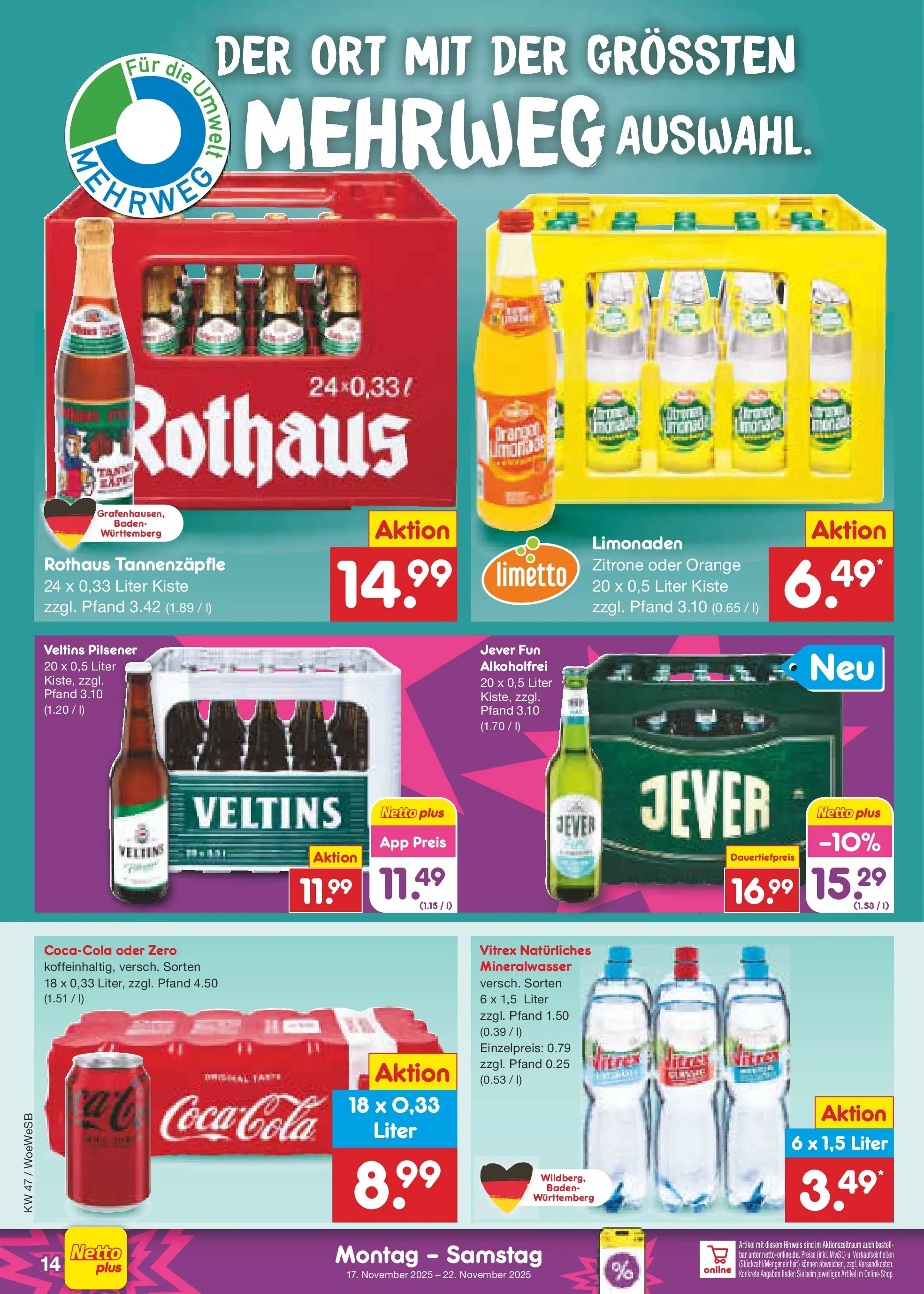 Netto Marken-Discount prospekt Katzweiler	 (ab 16.11.2025) » Angebote | Seite: 14 | Produkte: Limonade, Zitrone, Jever, Veltins