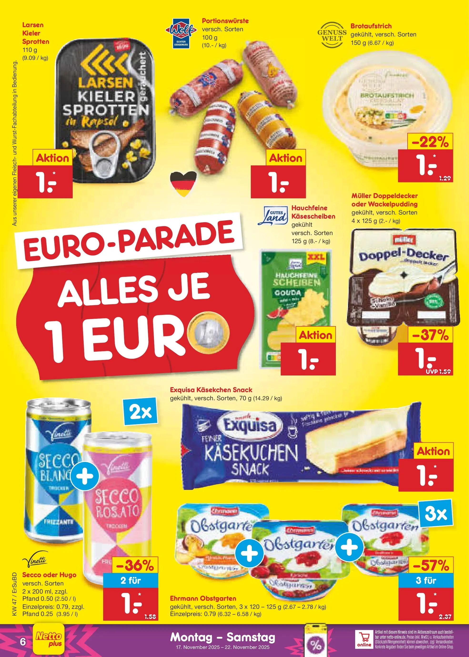 Netto Marken-Discount prospekt Jena-Lobeda	 (ab 17.11.2025) » Angebote | Seite: 6 | Produkte: Gouda, Exquisa, Hugo, Fleisch