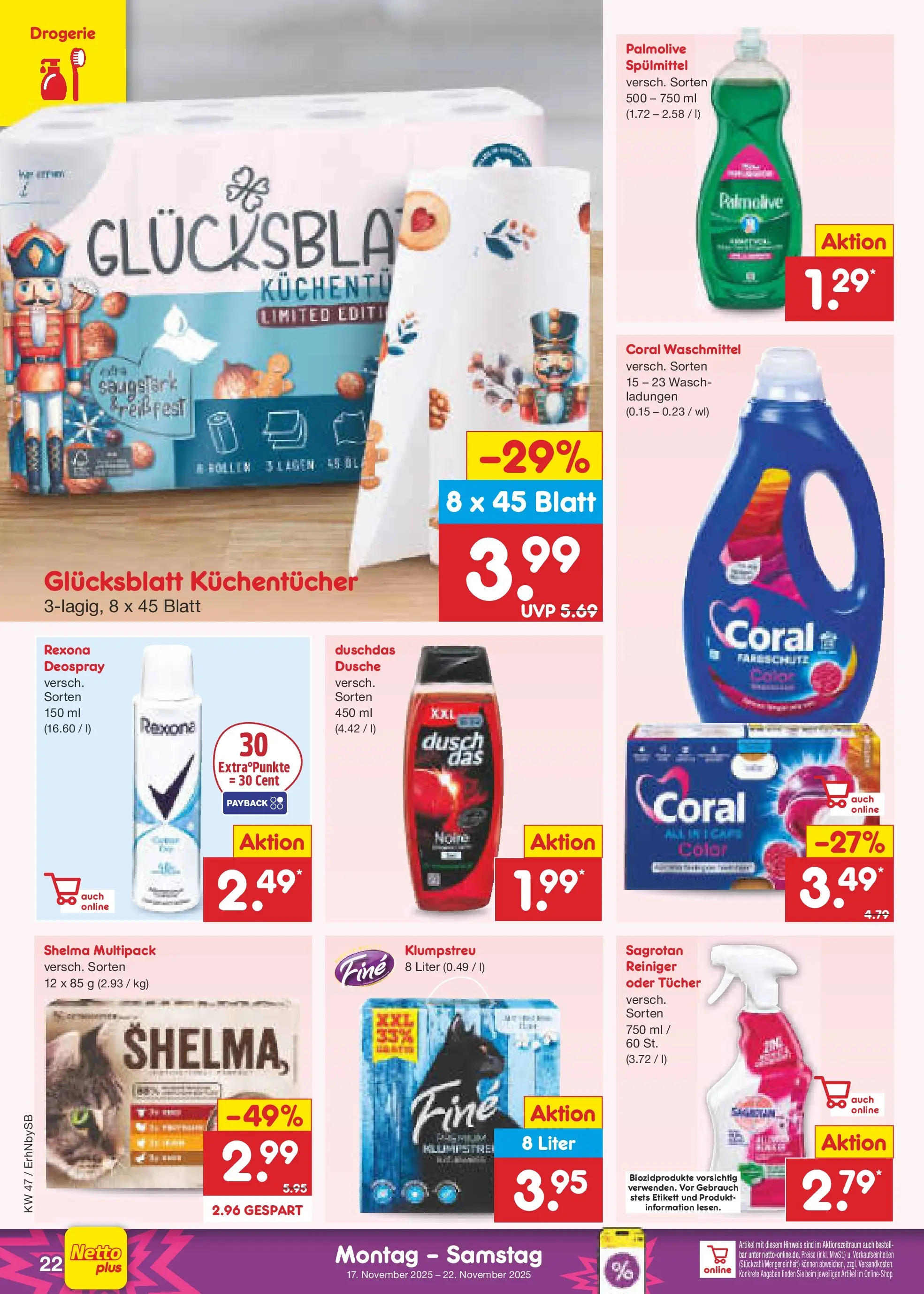 Netto Marken-Discount prospekt Metten	 (ab 17.11.2025) » Angebote | Seite: 28 | Produkte: Dusche, Coral waschmittel, Duschdas, Waschmittel