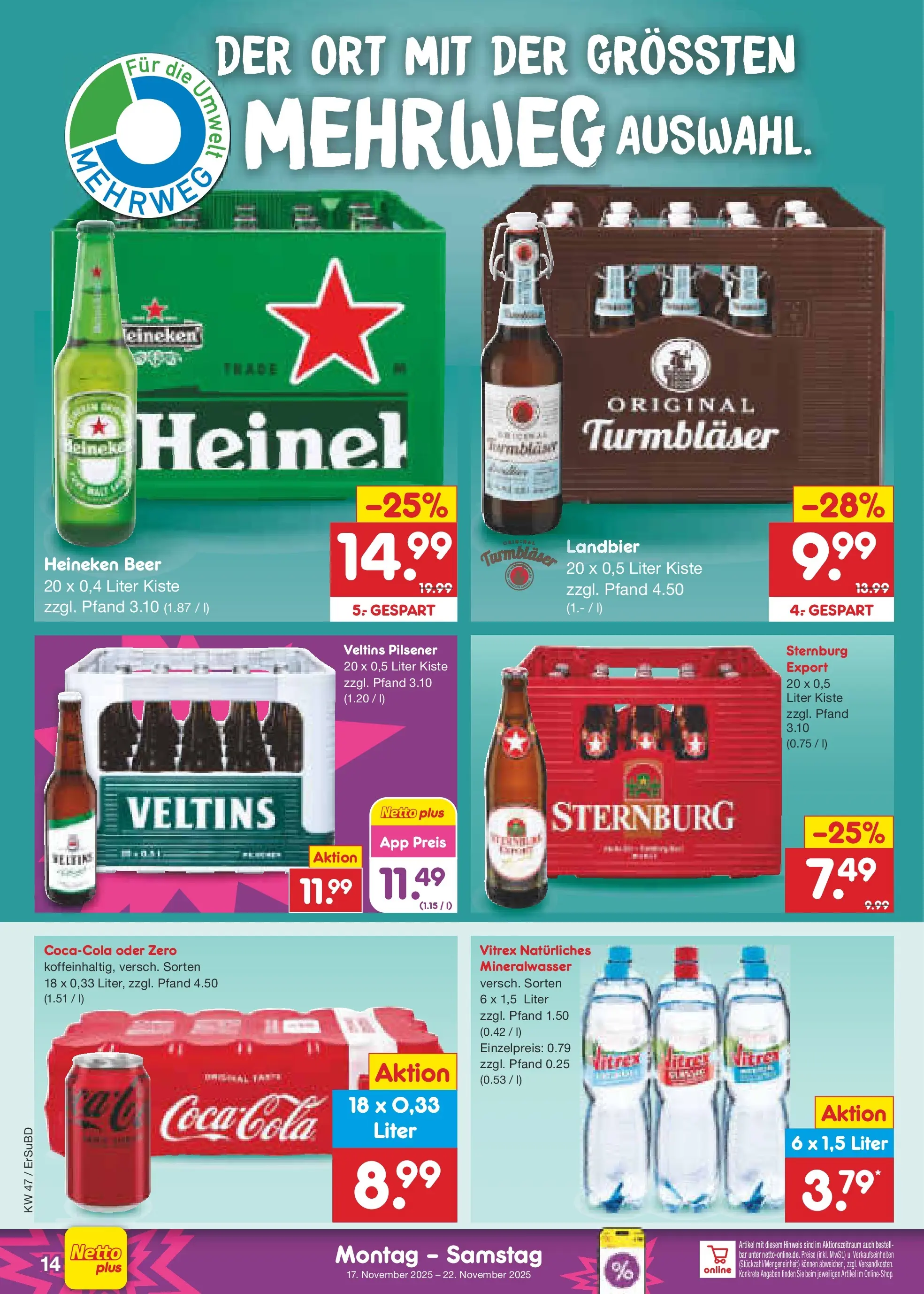 Netto Marken-Discount prospekt Jena-Lobeda	 (ab 17.11.2025) » Angebote | Seite: 14 | Produkte: Coca cola, Cola, Mineralwasser, Heineken