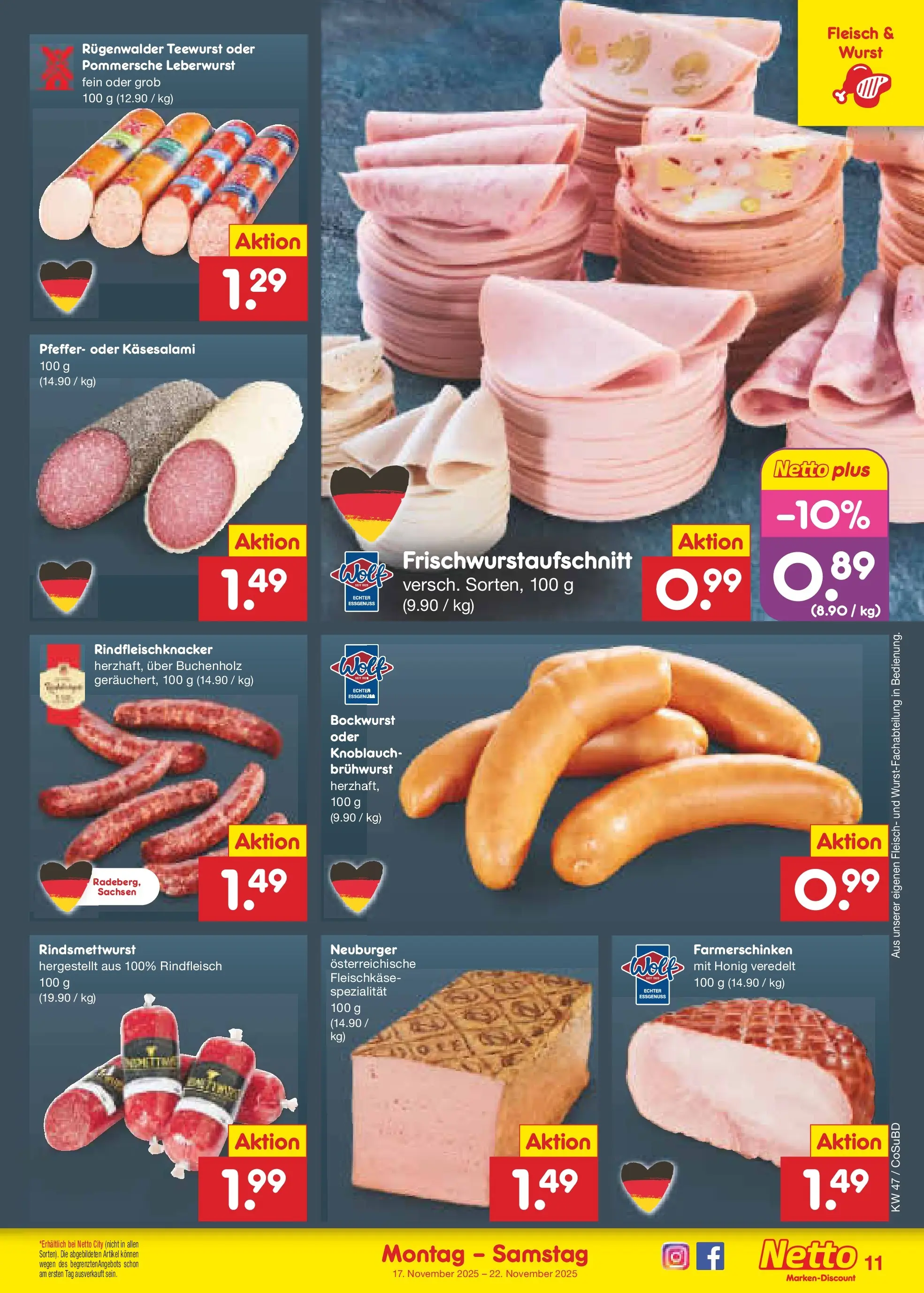 Netto Marken-Discount prospekt Delitzsch	 (ab 17.11.2025) » Angebote | Seite: 11 | Produkte: Bockwurst, Pfeffer, Knoblauch, Fleisch