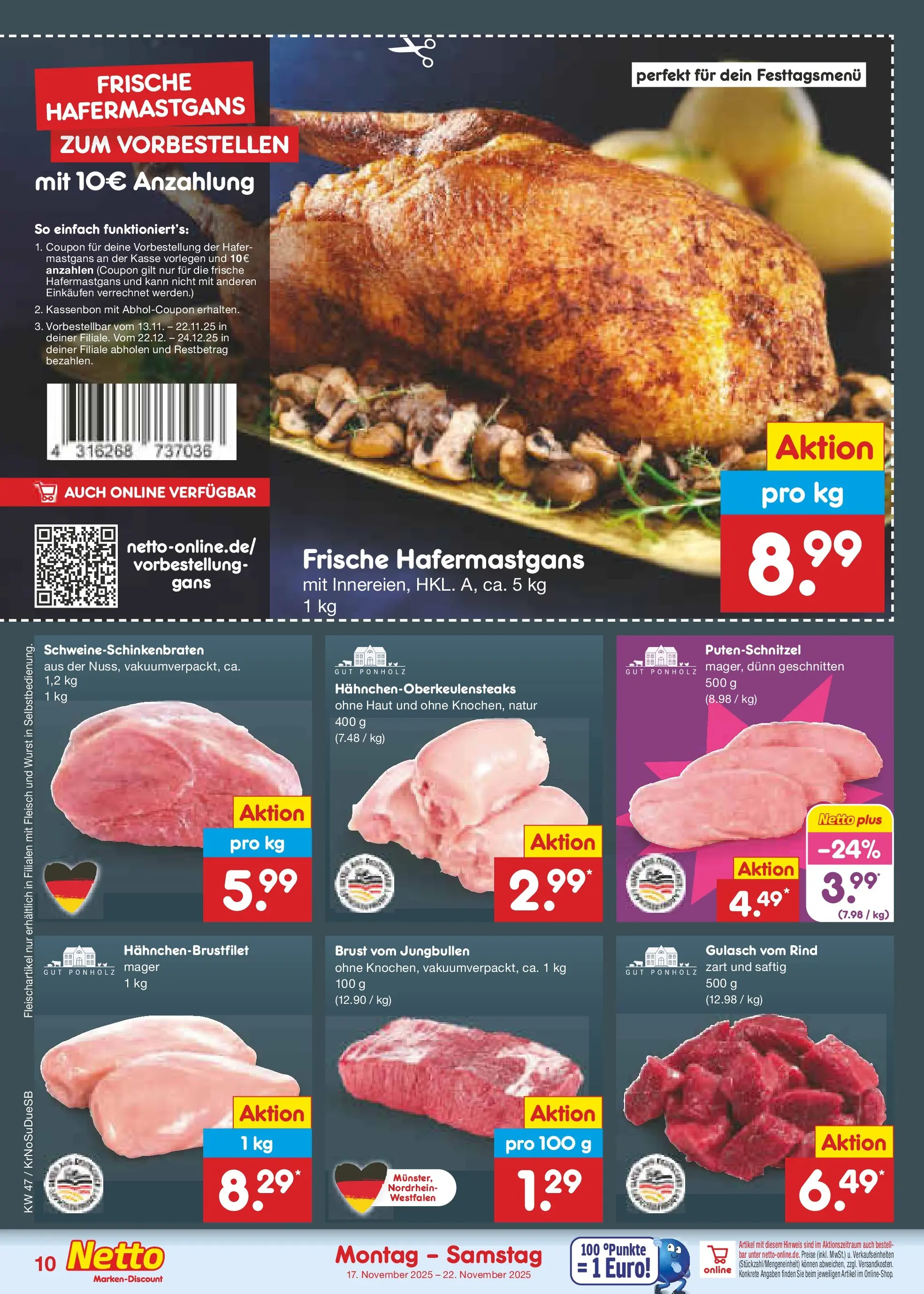 Netto Marken-Discount prospekt Jüchen	 (ab 17.11.2025) » Angebote | Seite: 10 | Produkte: Gulasch, Putenschnitzel, Wurst, Fleisch