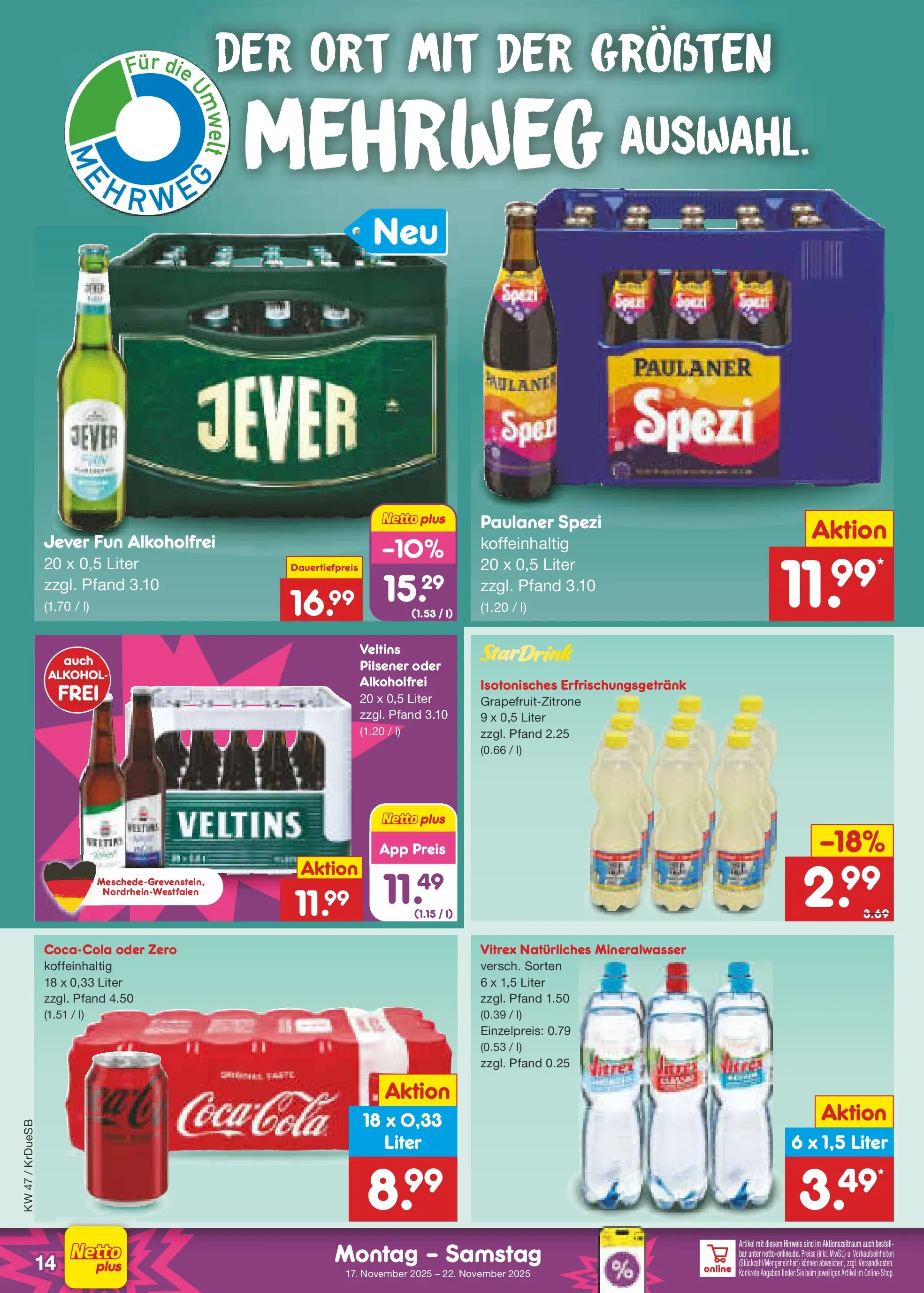 Netto Marken-Discount prospekt Düsseldorf-Rath	 (ab 17.11.2025) » Angebote | Seite: 14 | Produkte: Coca cola, Cola, Mineralwasser, Paulaner