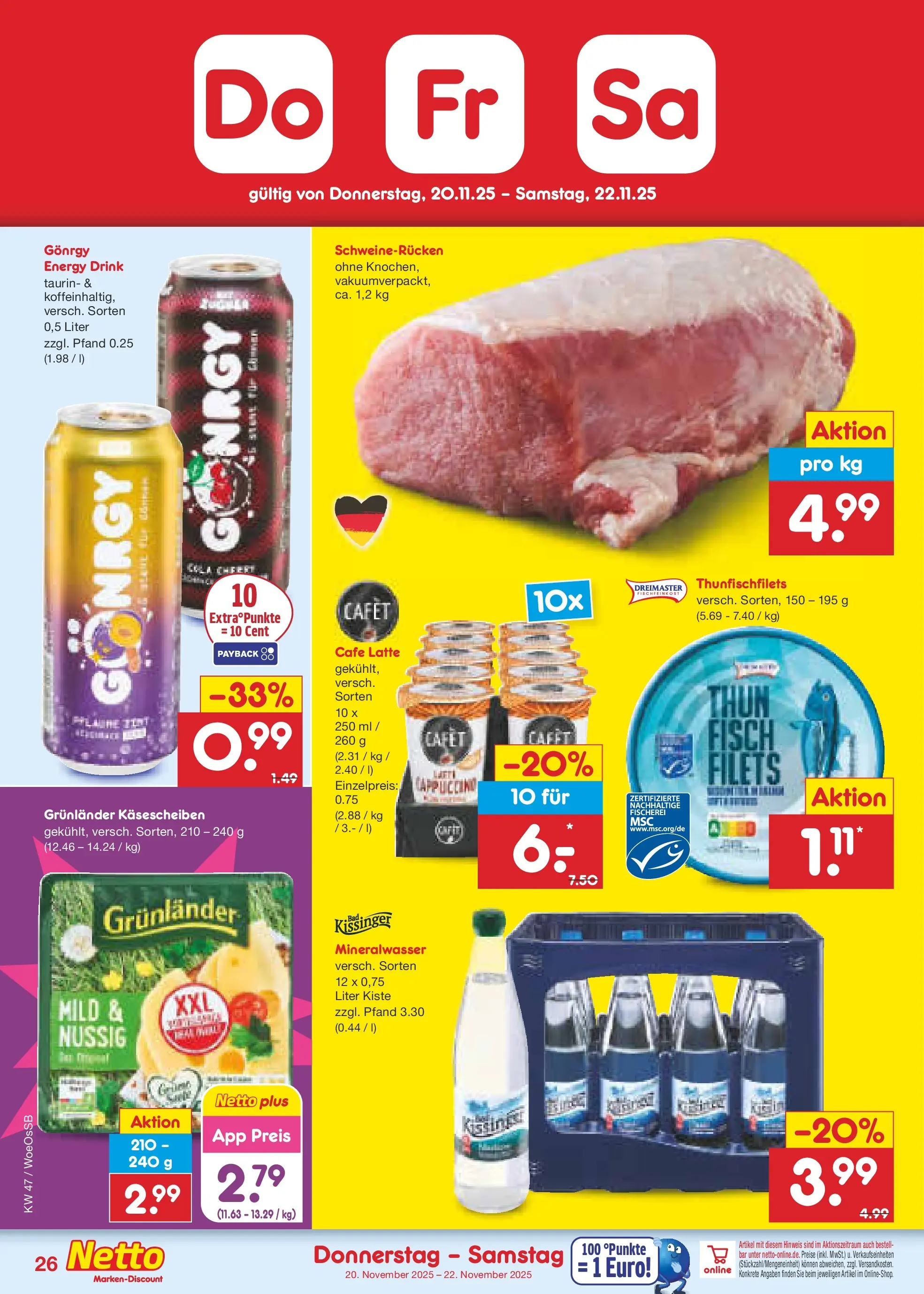 Netto Marken-Discount prospekt Gemmingen	 (ab 16.11.2025) » Angebote | Seite: 34 | Produkte: Cola, Energy, Fisch, Schweinerucken