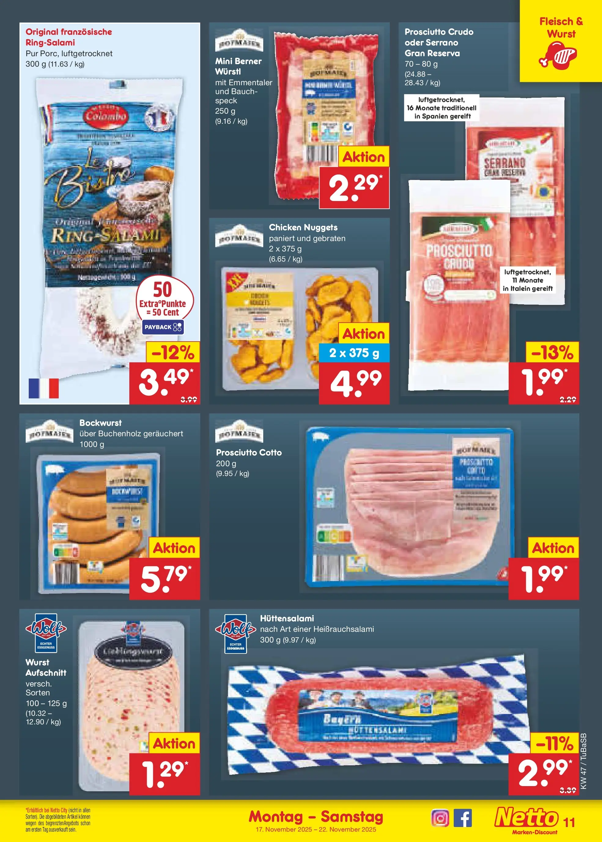 Netto Marken-Discount prospekt Lahr-Langenwinkel	 (ab 17.11.2025) » Angebote | Seite: 11 | Produkte: Bockwurst, Würstl, Wurst, Fleisch