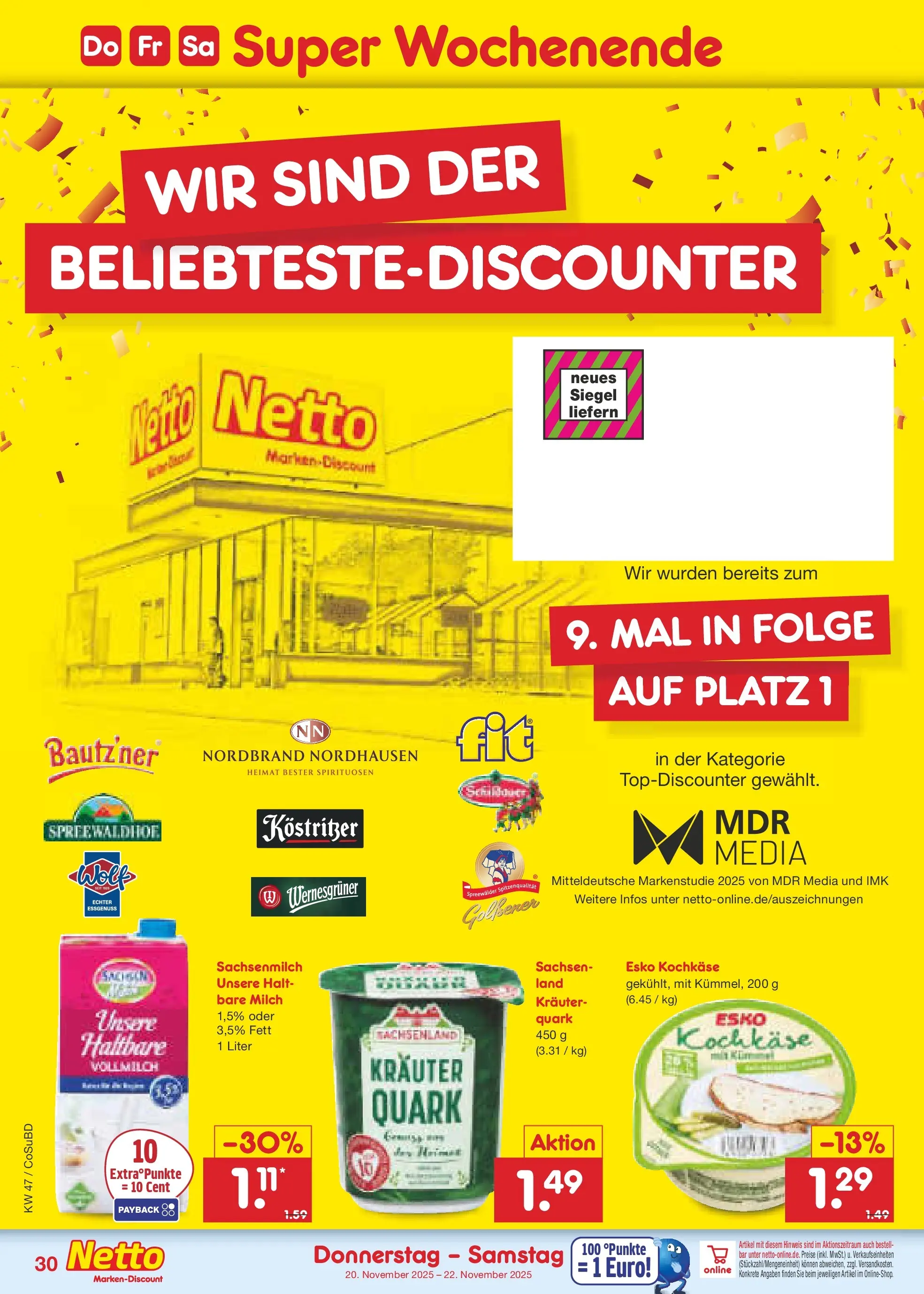 Netto Marken-Discount prospekt Delitzsch	 (ab 17.11.2025) » Angebote | Seite: 38 | Produkte: Quark, Milch, Kostritzer, Wernesgruner