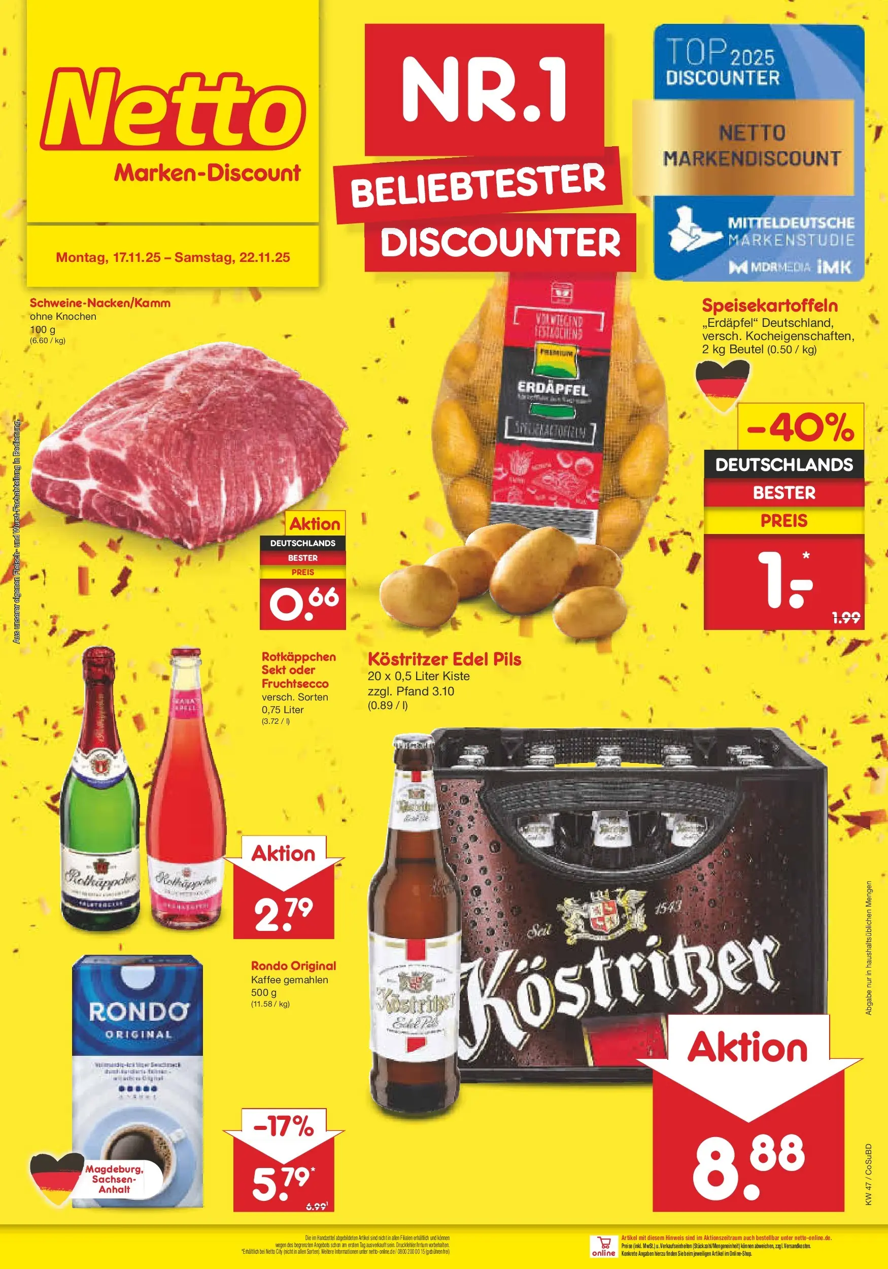 Netto Marken-Discount prospekt Delitzsch	 (ab 17.11.2025) » Angebote | Seite: 45 | Produkte: Pils, Fruchtsecco, Rotkäppchen, Fleisch