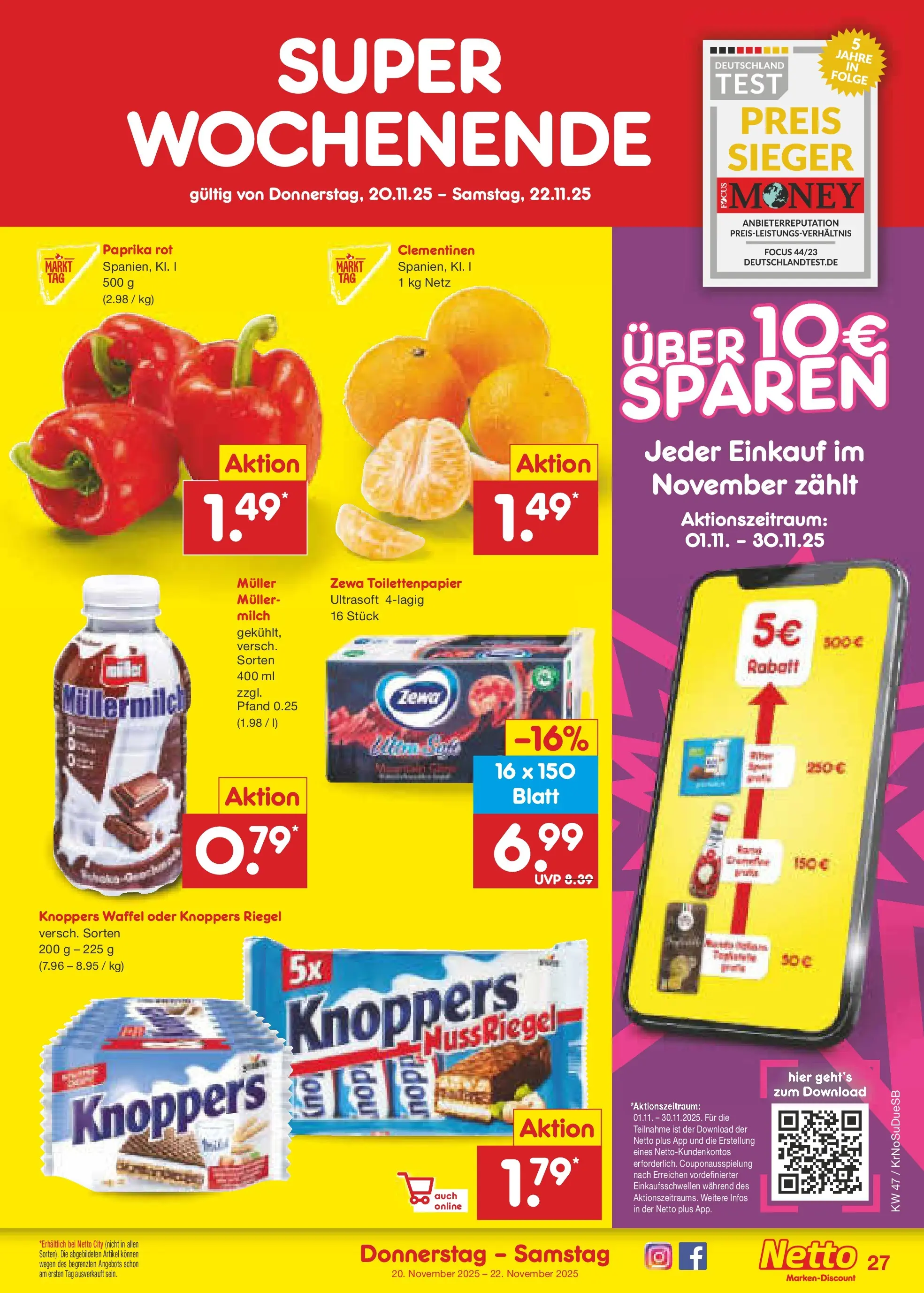 Netto Marken-Discount prospekt Jüchen	 (ab 17.11.2025) » Angebote | Seite: 35 | Produkte: Paprika rot, Zewa, Knoppers, Toilettenpapier