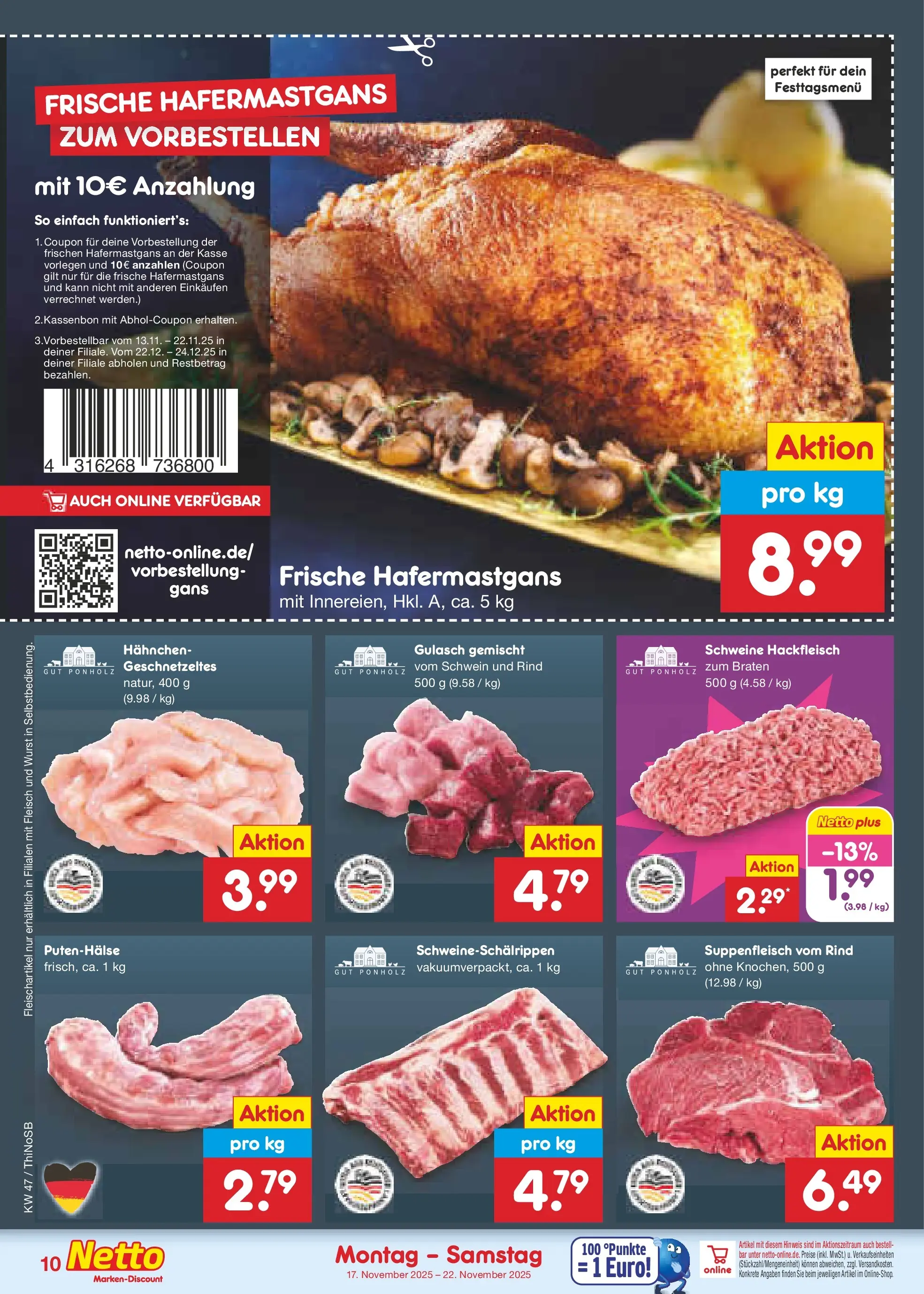 Netto Marken-Discount prospekt Spremberg	 (ab 17.11.2025) » Angebote | Seite: 10 | Produkte: Gulasch, Wurst, Fleisch, Hackfleisch