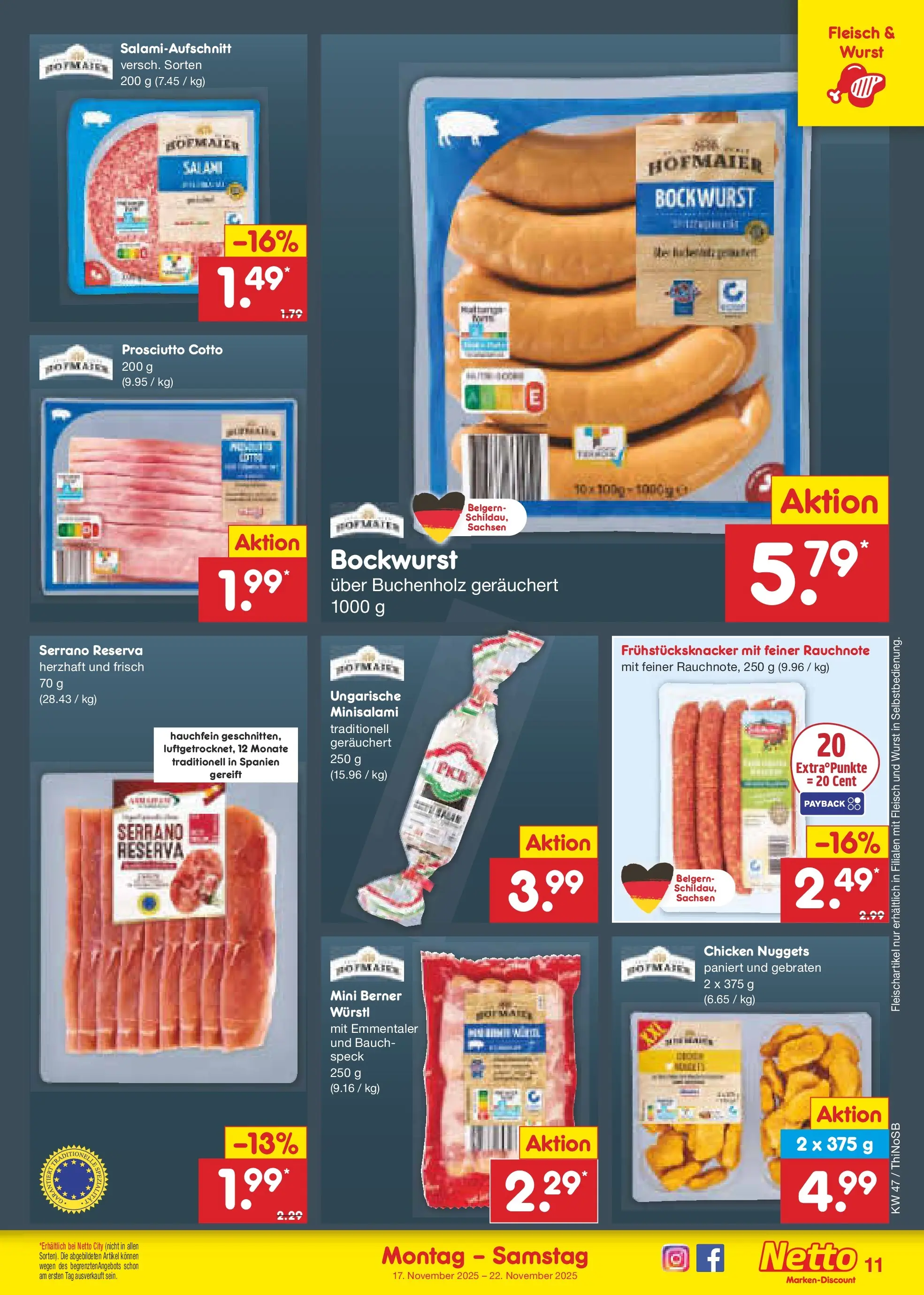 Netto Marken-Discount prospekt Spremberg	 (ab 17.11.2025) » Angebote | Seite: 11 | Produkte: Bockwurst, Wurst, Salami, Fleisch