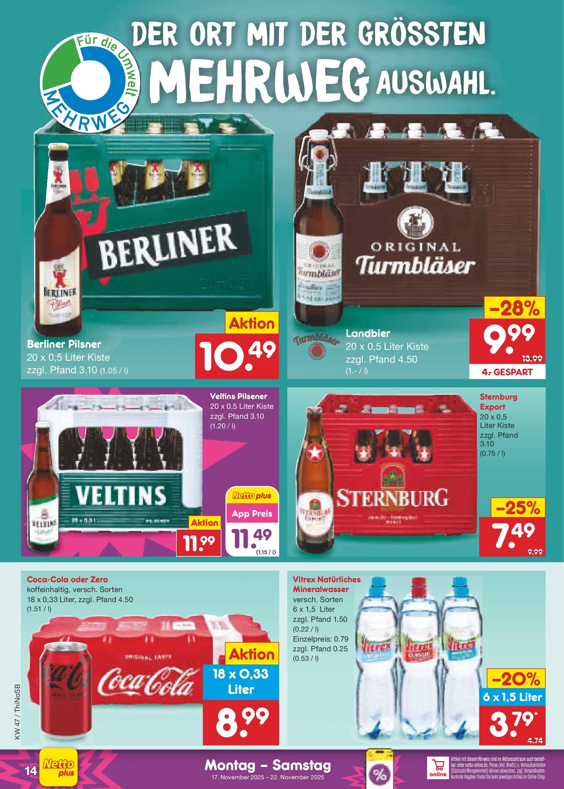 Netto Marken-Discount prospekt Spremberg	 (ab 17.11.2025) » Angebote | Seite: 14 | Produkte: Berliner, Cola, Mineralwasser, Veltins