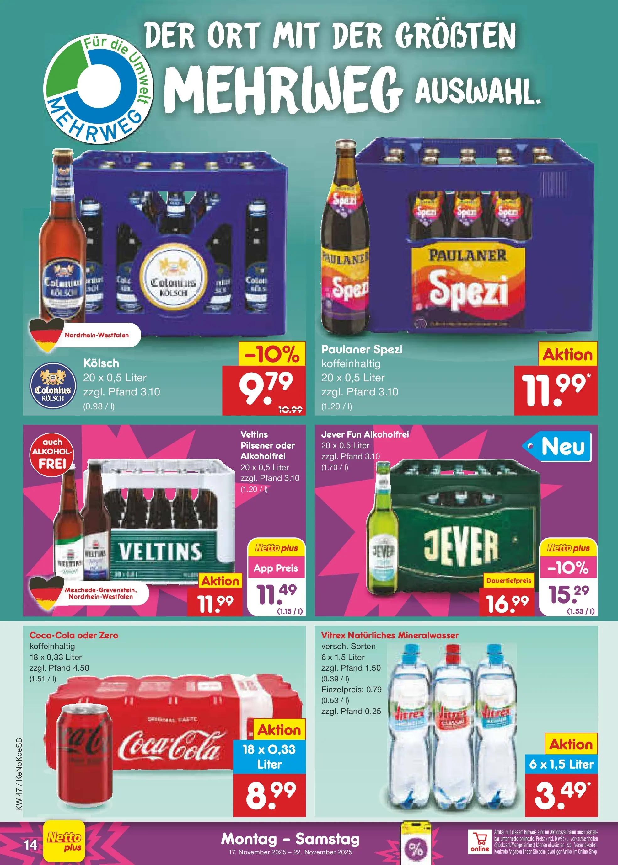 Netto Marken-Discount prospekt Bonn	 (ab 17.11.2025) » Angebote | Seite: 14 | Produkte: Cola, Mineralwasser, Jever, Paulaner
