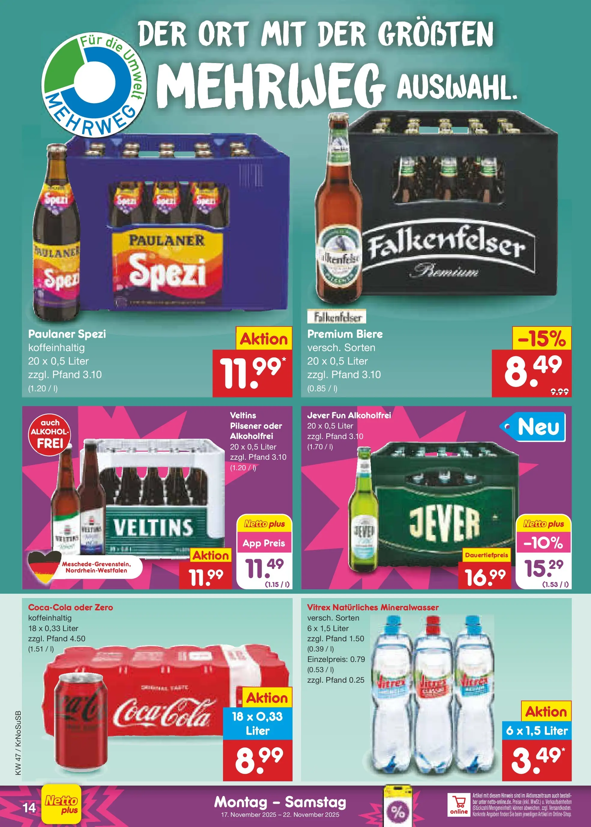 Netto Marken-Discount prospekt Jüchen	 (ab 17.11.2025) » Angebote | Seite: 14 | Produkte: Coca cola, Mineralwasser, Paulaner, Veltins