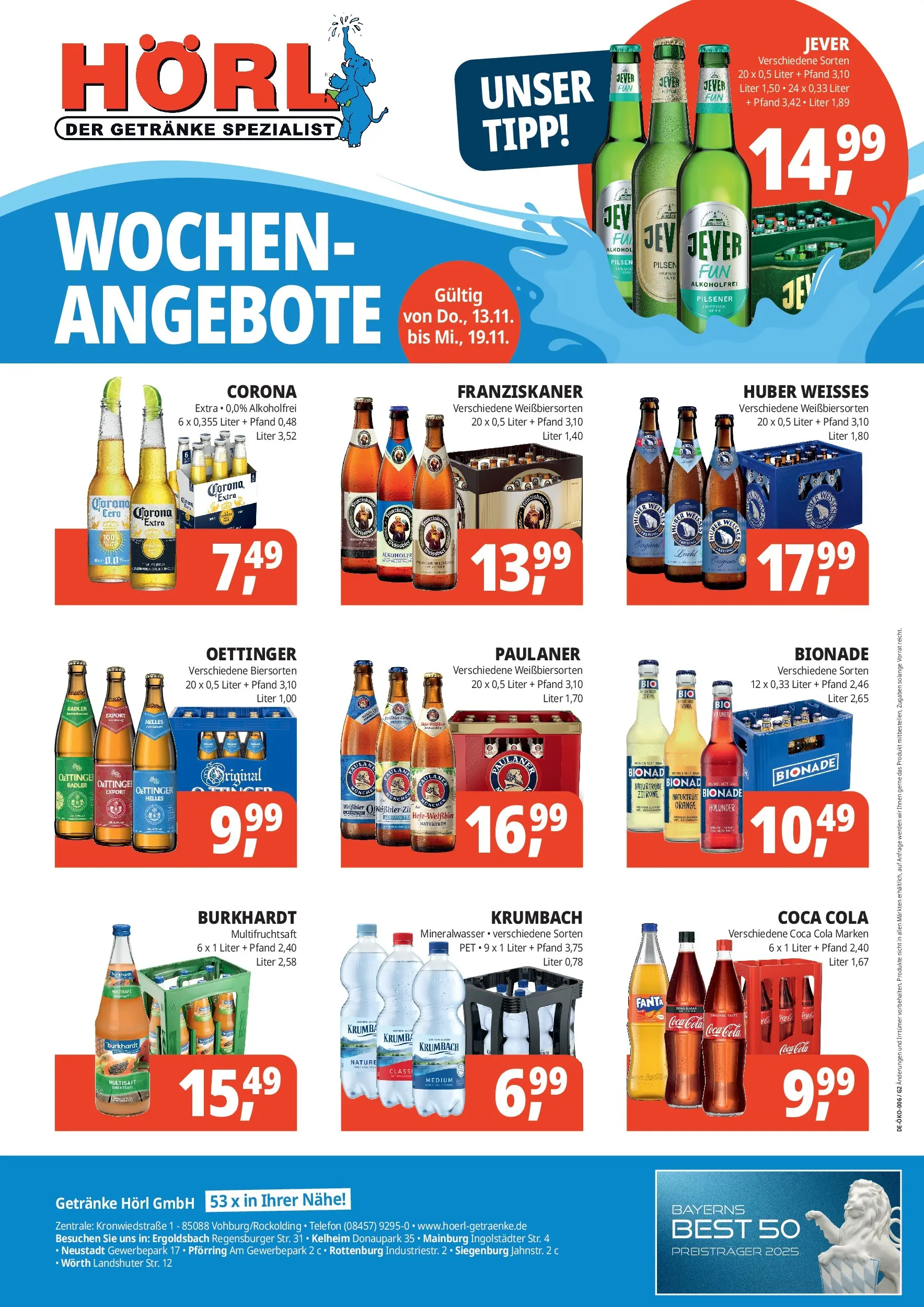 Entdecke - Getränke Hörl: Wochen-Angebote! (ab 12.11.2025) zum Blättern | Seite: 1 | Produkte: Franziskaner, Coca cola, Mineralwasser, Jever