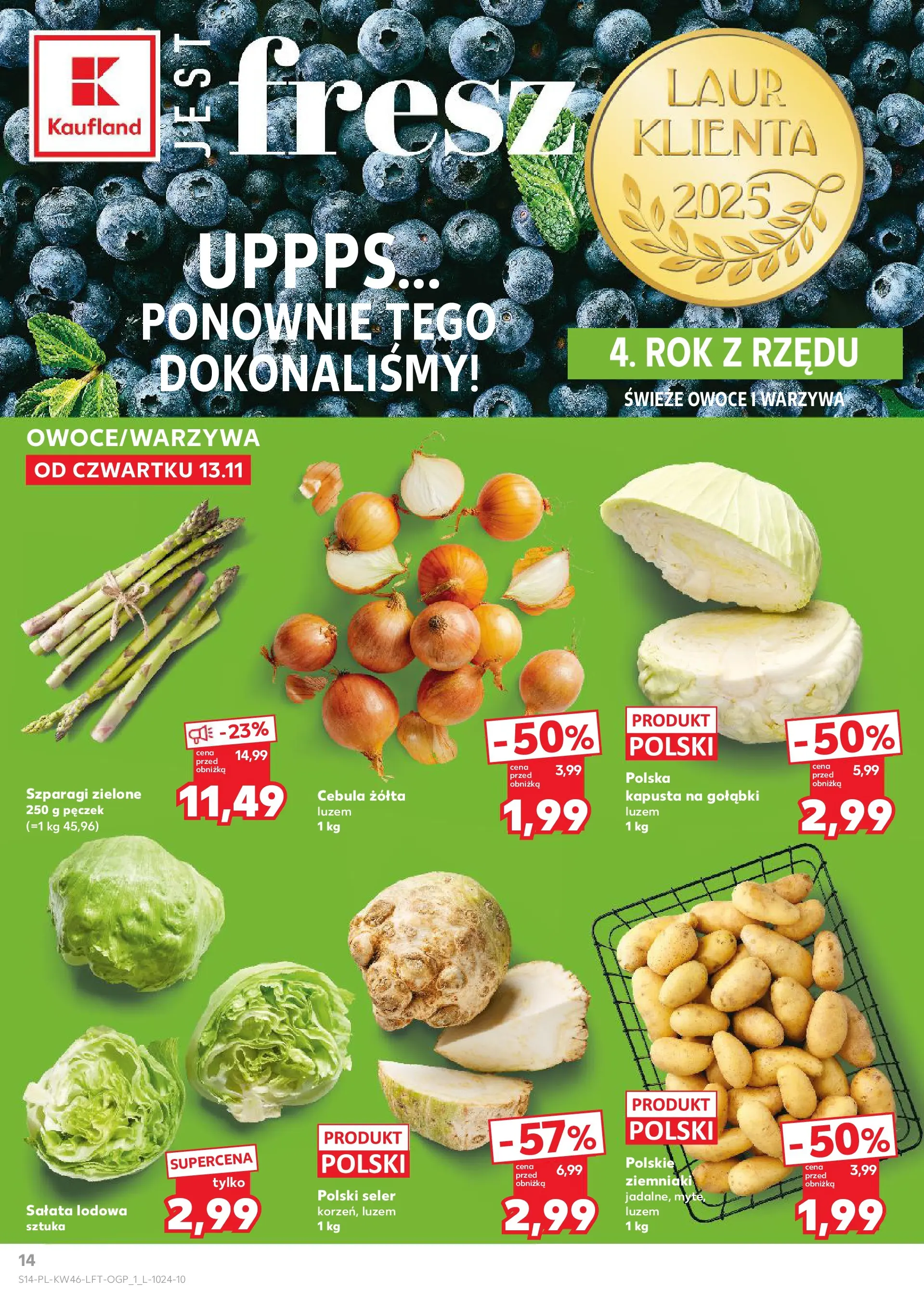 Kaufland gazetka od 13.11.2025 - od jutra PDF | Strona: 14 | Produkty: Kapusta, Szparagi, Warzywa, Owoce