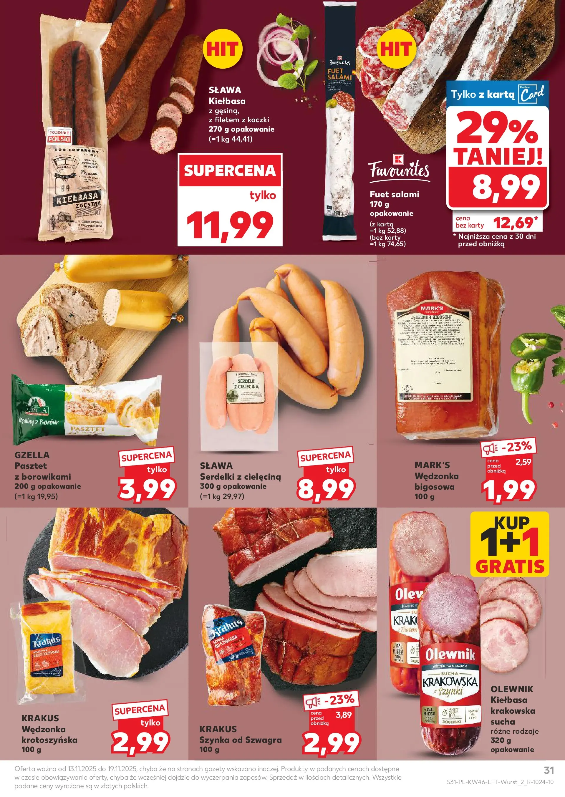 Kaufland gazetka od 13.11.2025 - od jutra PDF | Strona: 31 | Produkty: Kiełbasa, Karta, Szynka, Salami