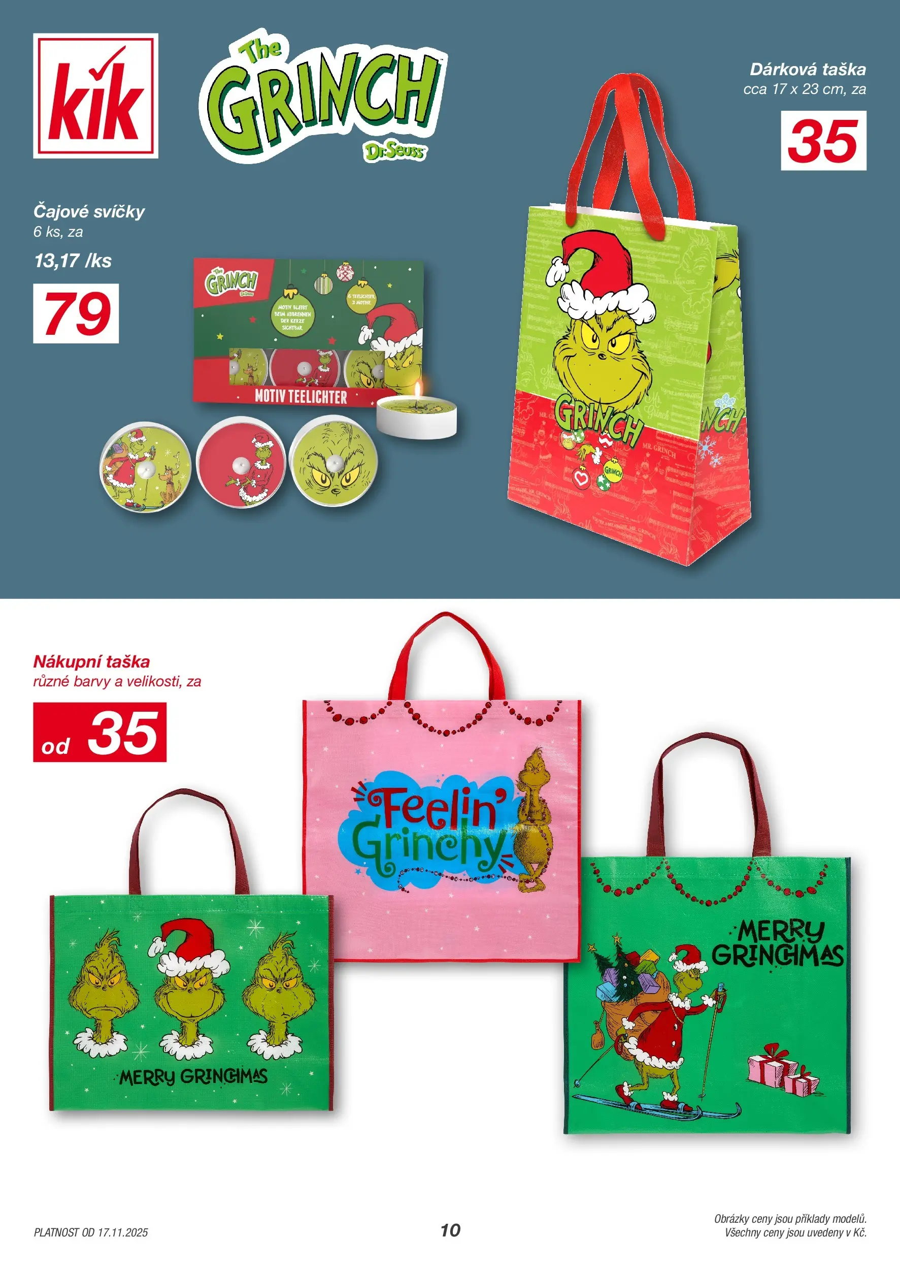KIK leták 17.11.2025 - Leták příští týden | Strana: 10 | Produkty: Dárková taška, Nákupní taška, Čajové svíčky, Barvy