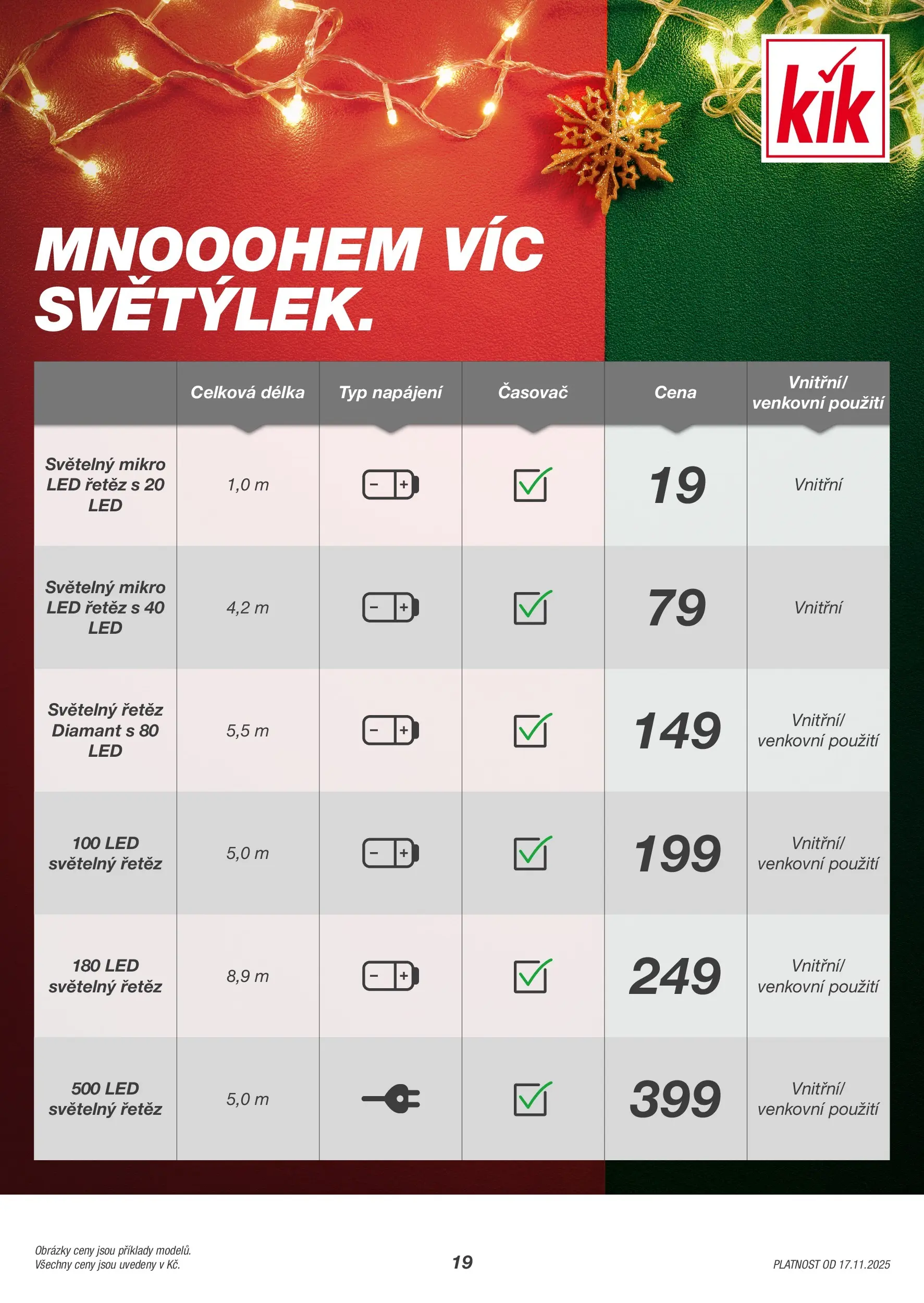 KIK leták 17.11.2025 - Leták příští týden | Strana: 19 | Produkty: Světelný řetěz, Časovač, LED