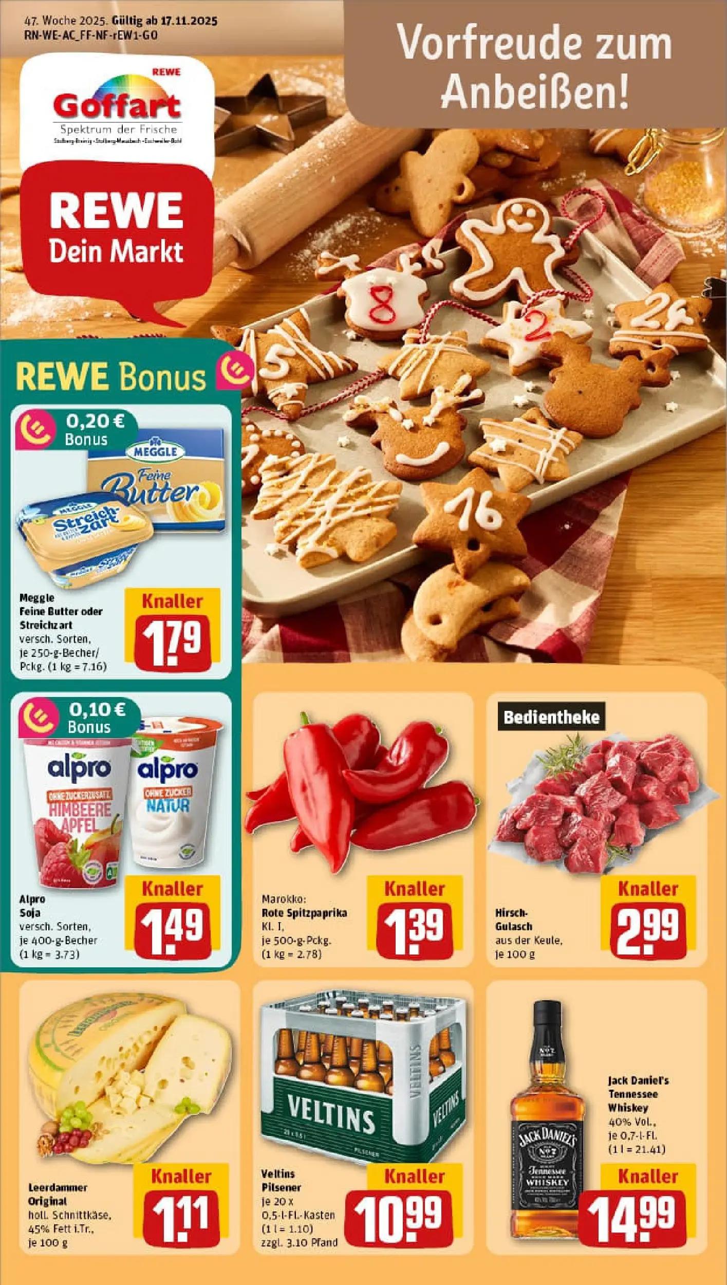 REWE Prospekt ab 17.11.2025 zum Blättern » Angebote | Seite: 1 | Produkte: Butter, Jack Daniel's, Zucker, Veltins