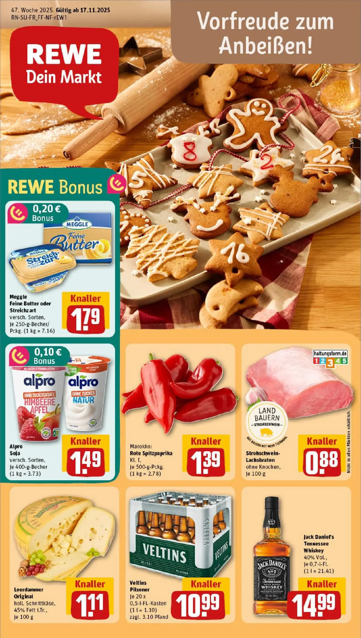 REWE Prospekt ab 17.11.2025 zum Blättern » Angebote | Seite: 1 | Produkte: Butter, Äpfel, Jack Daniel's, Zucker