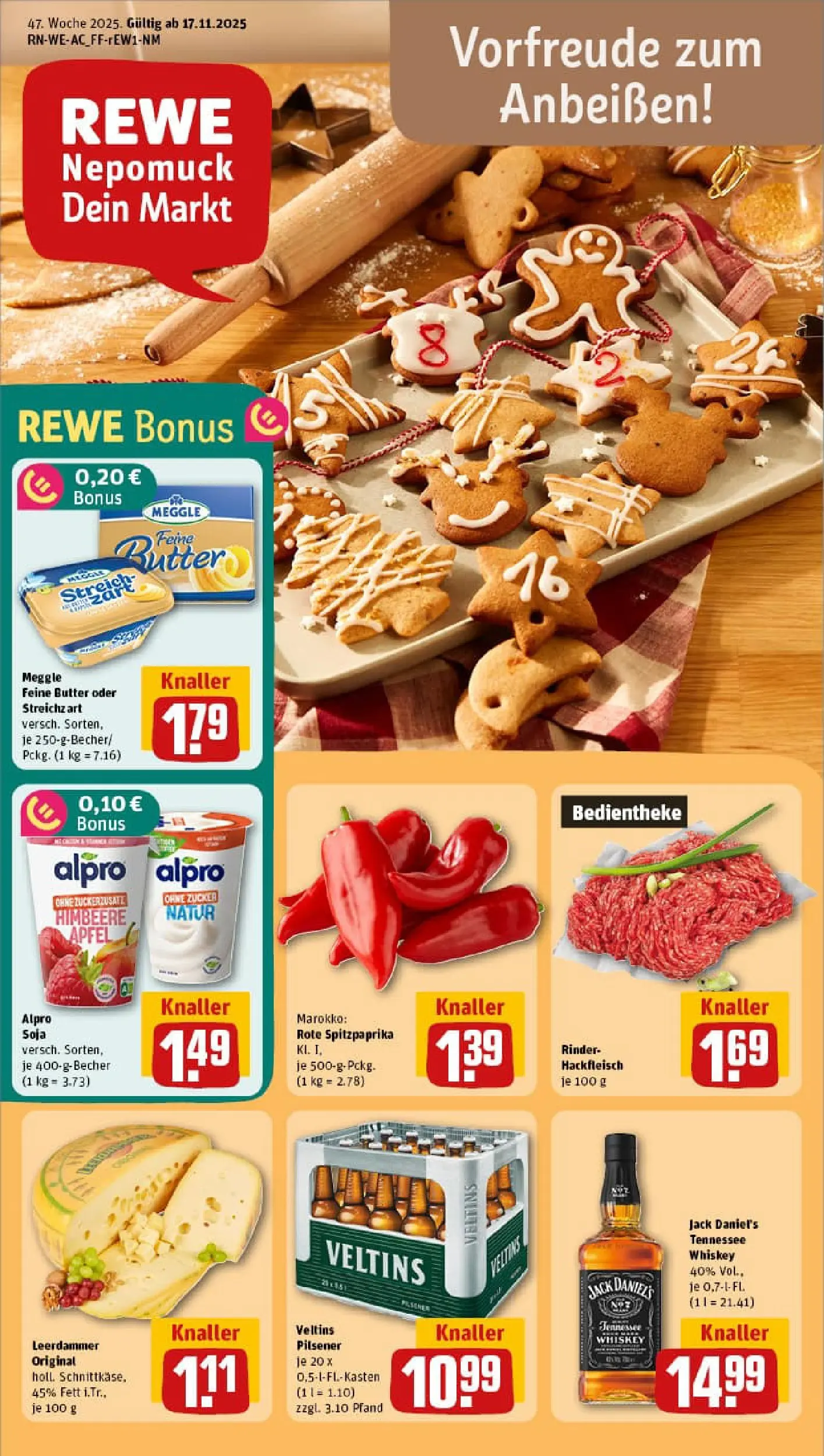 REWE Prospekt ab 17.11.2025 zum Blättern » Angebote | Seite: 1 | Produkte: Äpfel, Jack Daniel's, Alpro, Zucker