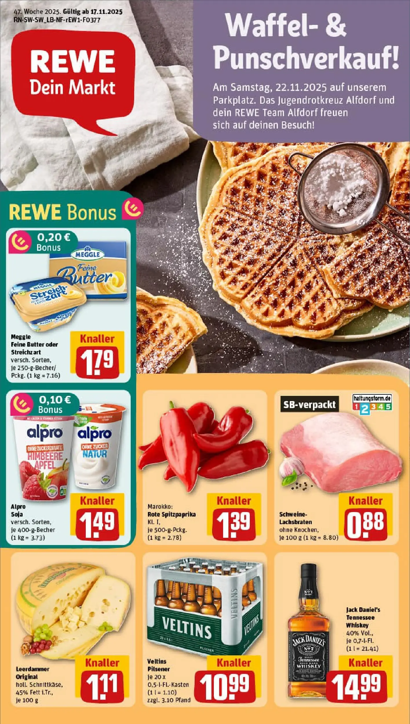 REWE Prospekt ab 17.11.2025 zum Blättern » Angebote | Seite: 1 | Produkte: Leerdammer, Alpro, Zucker, Whiskey