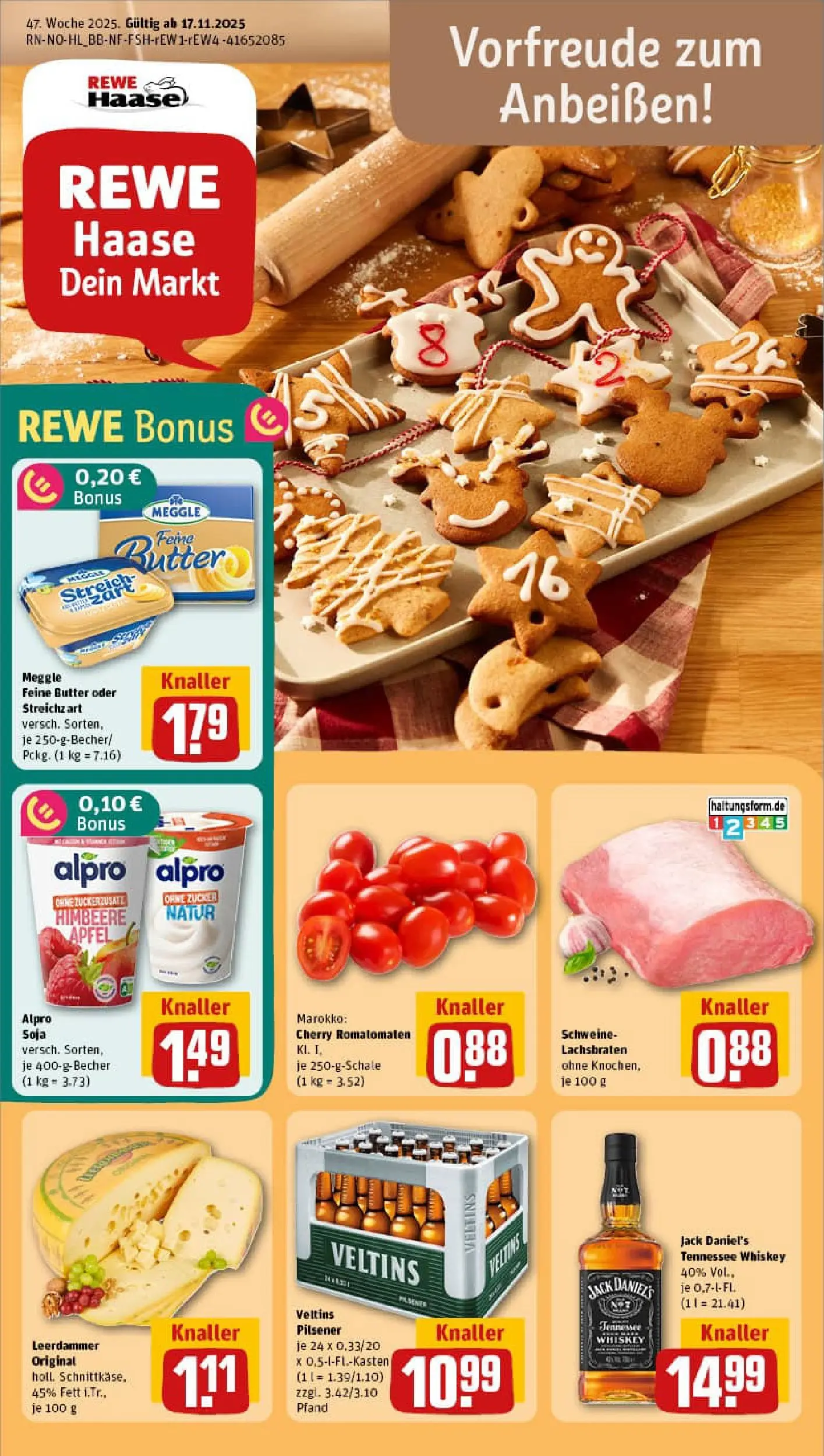 REWE Prospekt ab 17.11.2025 zum Blättern » Angebote | Seite: 1 | Produkte: Butter, Äpfel, Jack Daniel's, Veltins