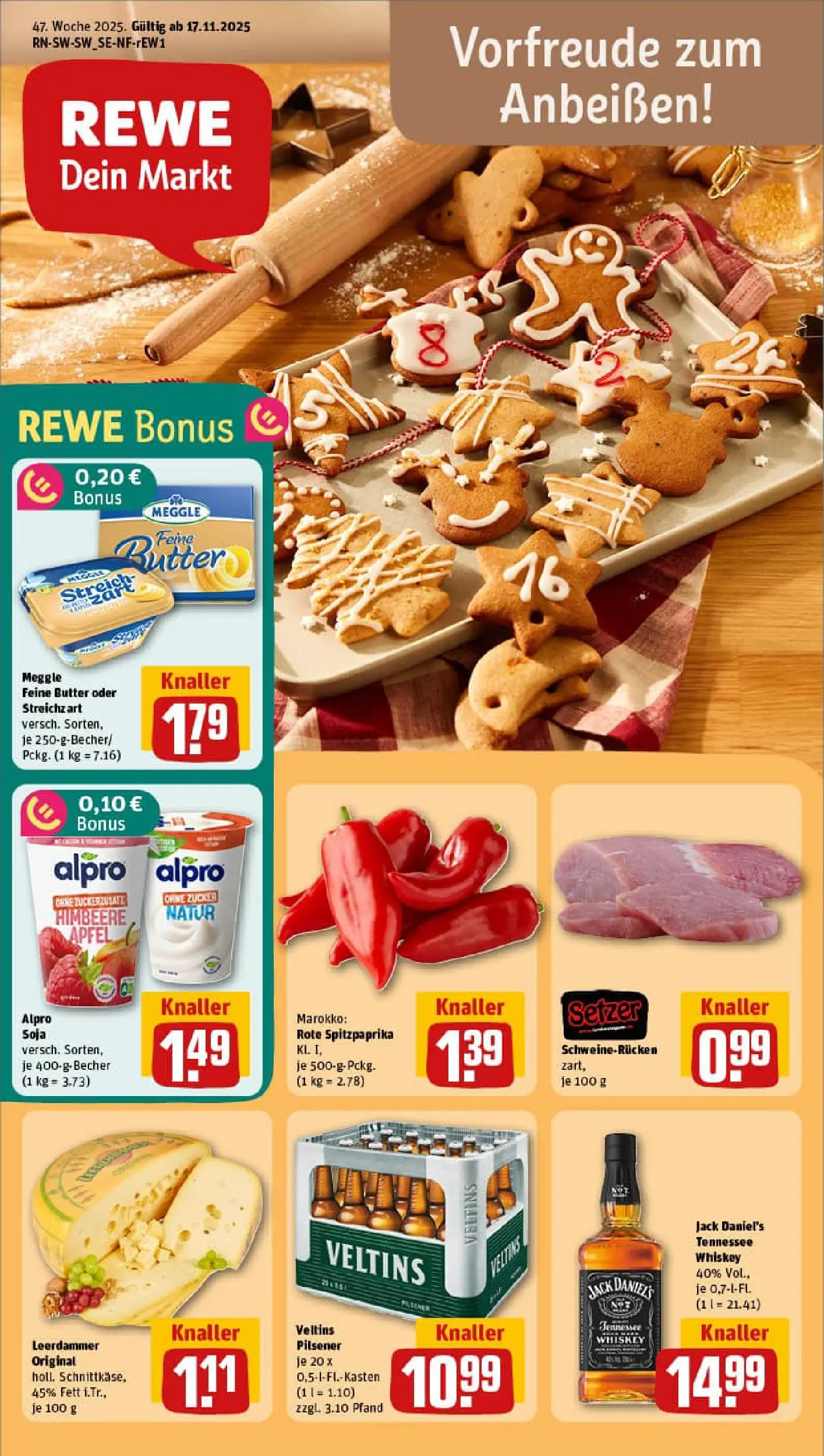 REWE Prospekt ab 17.11.2025 zum Blättern » Angebote | Seite: 1 | Produkte: Butter, Leerdammer, Whiskey, Veltins