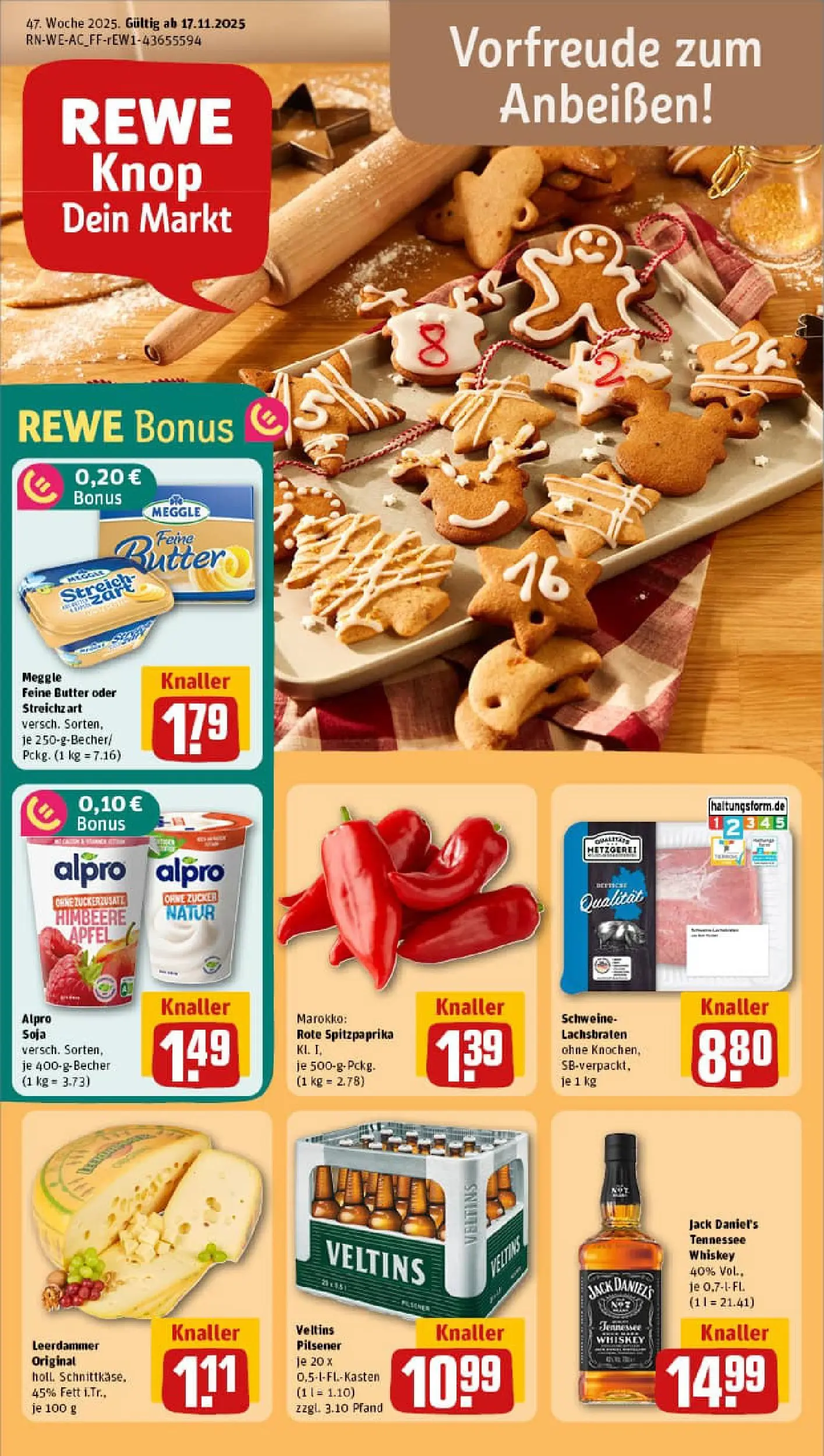 REWE Prospekt ab 17.11.2025 zum Blättern » Angebote | Seite: 1 | Produkte: Butter, Alpro, Whiskey, Veltins