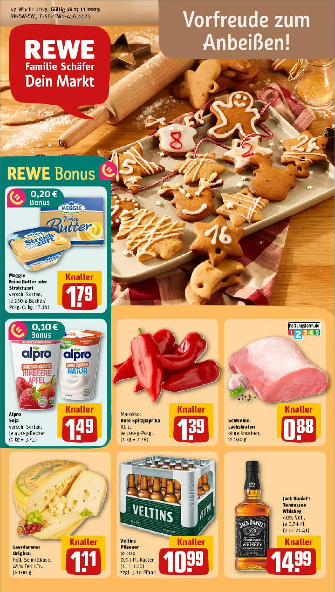 REWE Prospekt ab 17.11.2025 zum Blättern » Angebote | Seite: 1 | Produkte: Leerdammer, Himbeere, Whiskey, Veltins