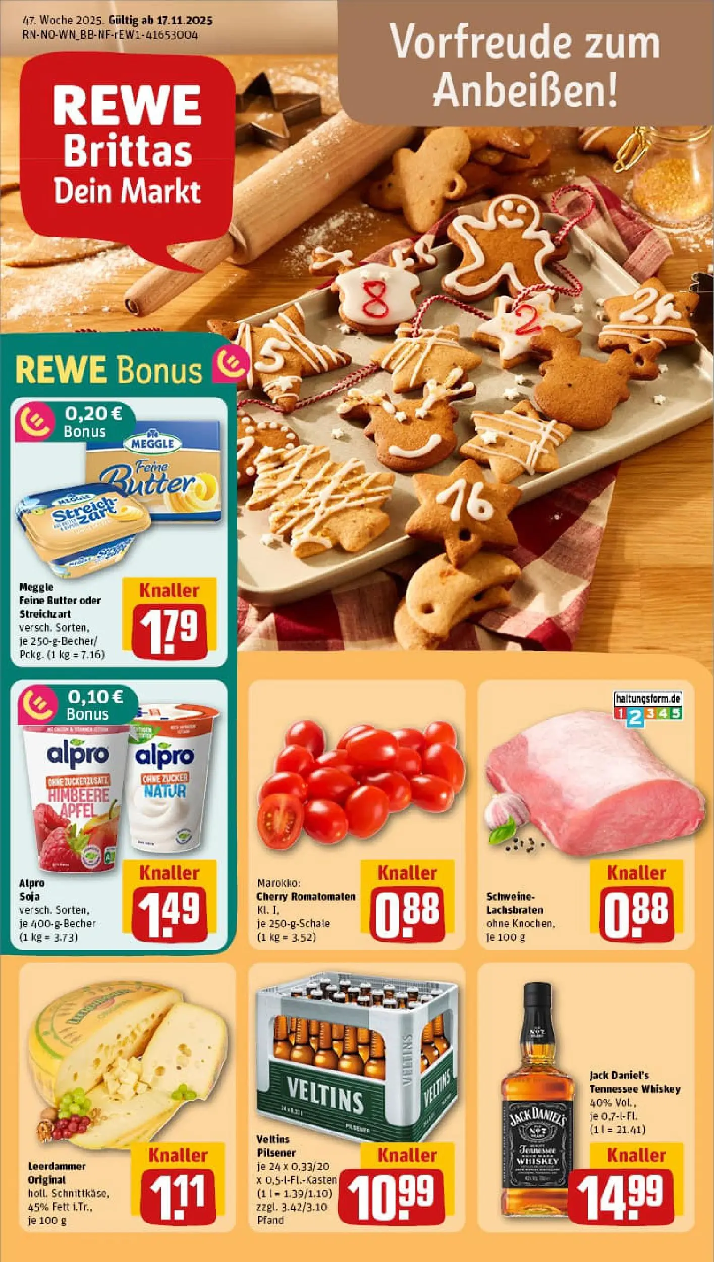 REWE Prospekt ab 17.11.2025 zum Blättern » Angebote | Seite: 1 | Produkte: Butter, Jack Daniel's, Leerdammer, Alpro