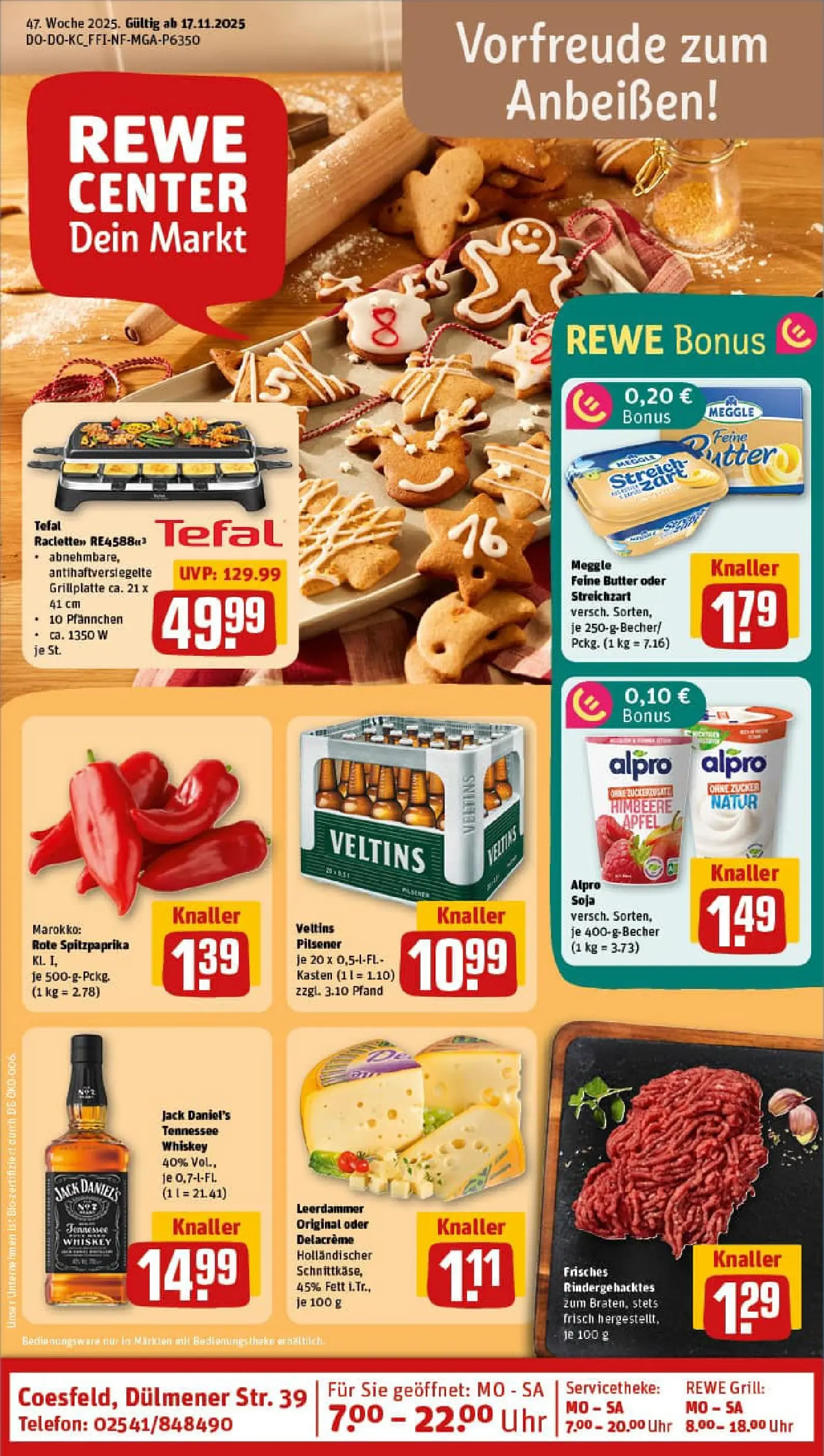 REWE Prospekt ab 17.11.2025 zum Blättern » Angebote | Seite: 1 | Produkte: Leerdammer, Himbeere, Whiskey, Veltins