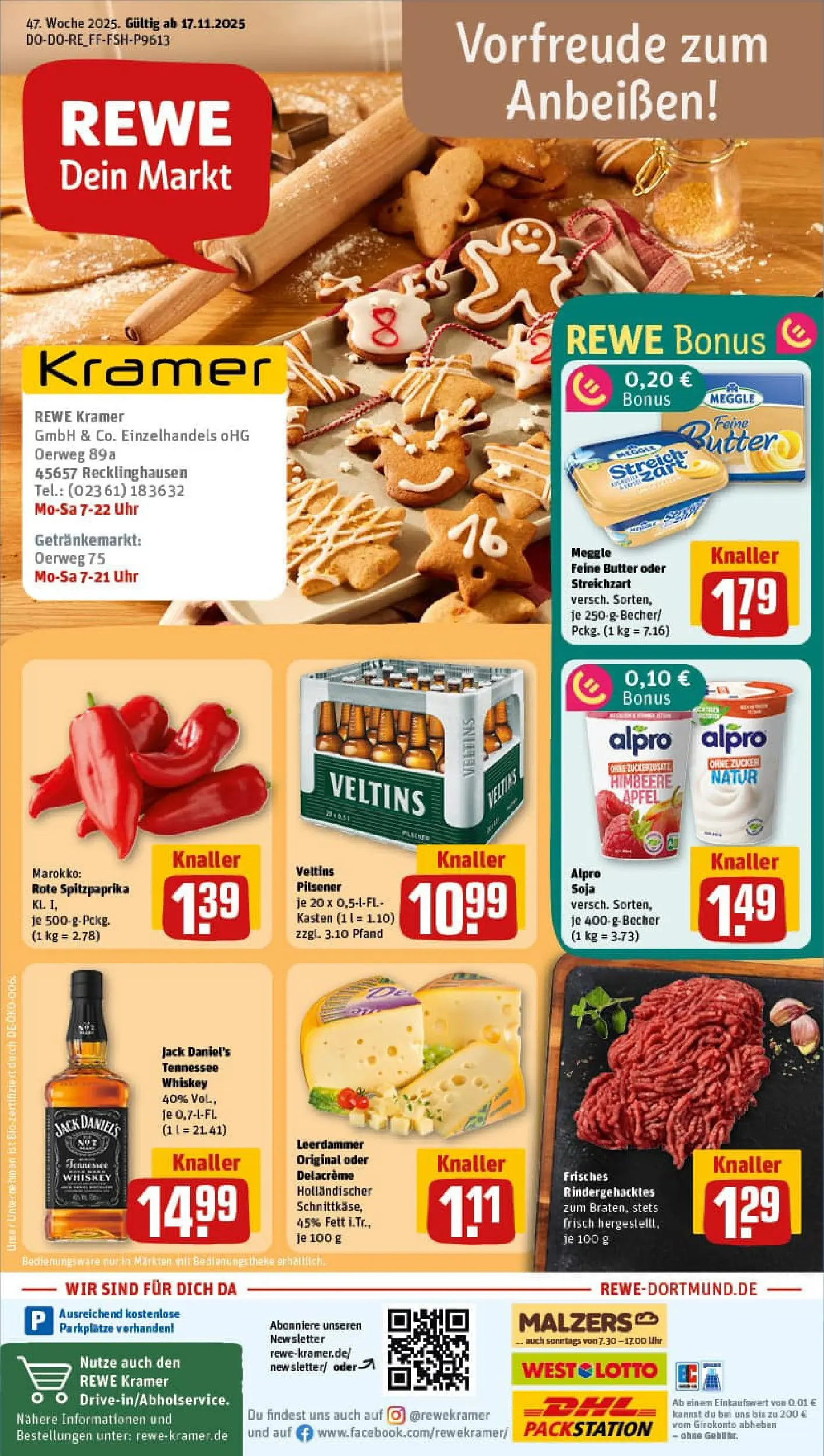 REWE Prospekt ab 17.11.2025 zum Blättern » Angebote | Seite: 1 | Produkte: Butter, Leerdammer, Zucker, Whiskey