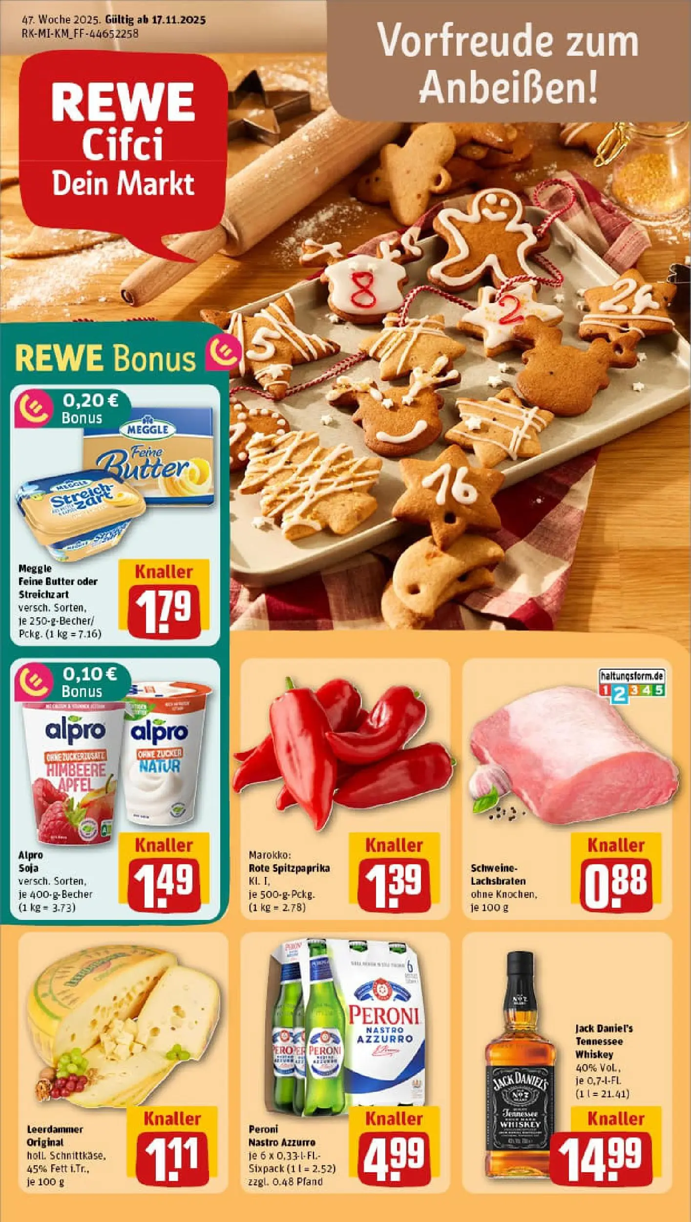 REWE Prospekt ab 17.11.2025 zum Blättern » Angebote | Seite: 1 | Produkte: Butter, Äpfel, Jack Daniel's, Alpro
