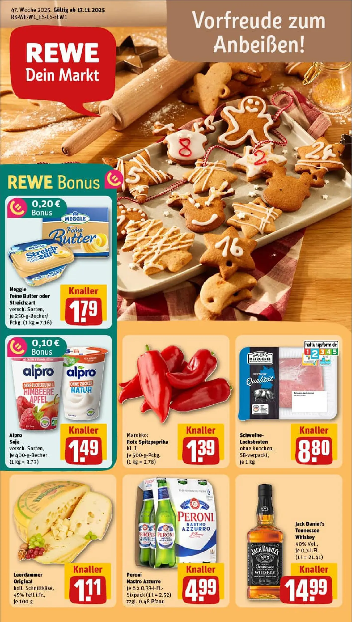REWE Prospekt ab 17.11.2025 zum Blättern » Angebote | Seite: 1 | Produkte: Butter, Äpfel, Leerdammer, Whiskey