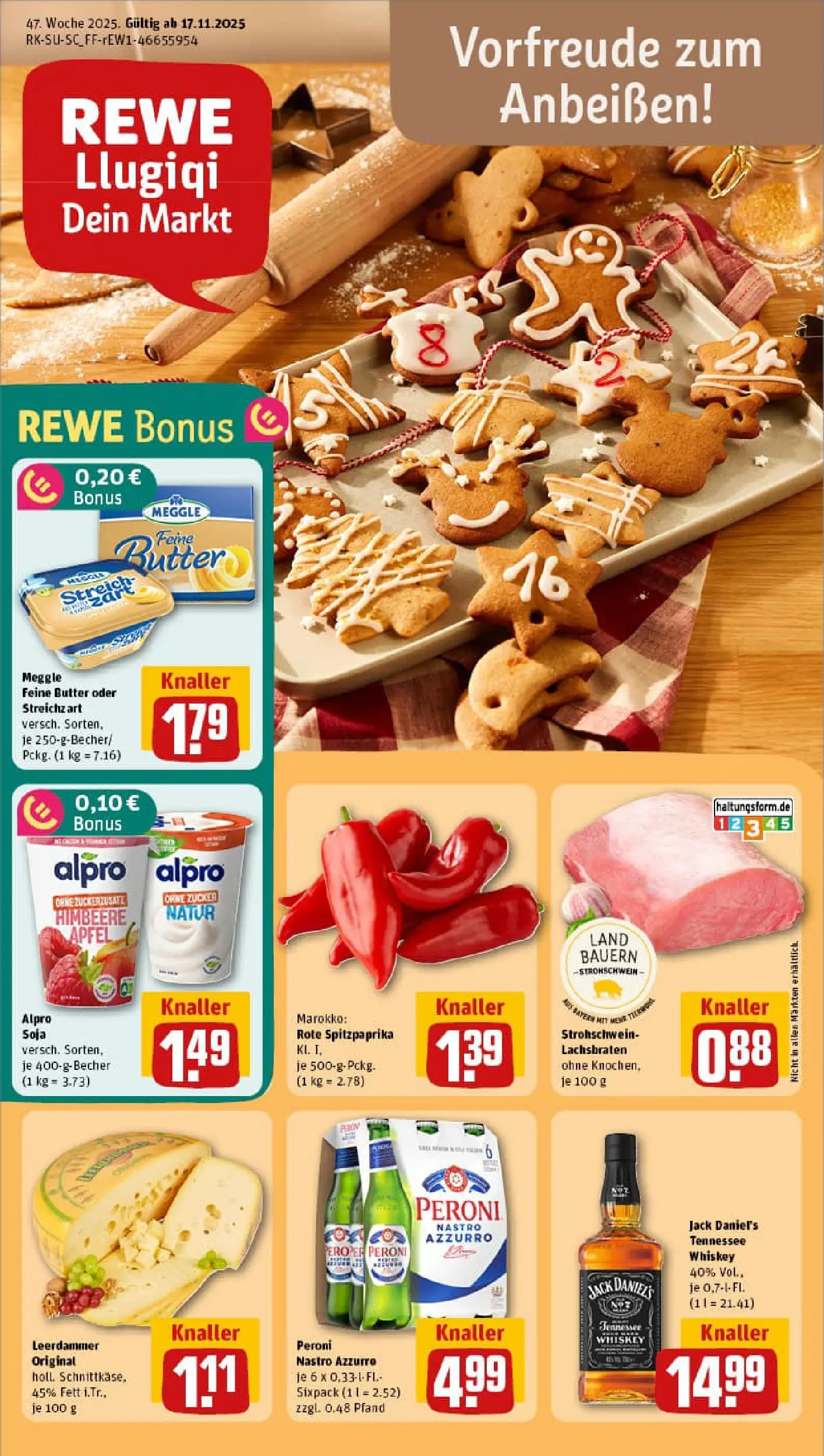 REWE Prospekt ab 17.11.2025 zum Blättern » Angebote | Seite: 1 | Produkte: Butter, Leerdammer, Zucker, Whiskey