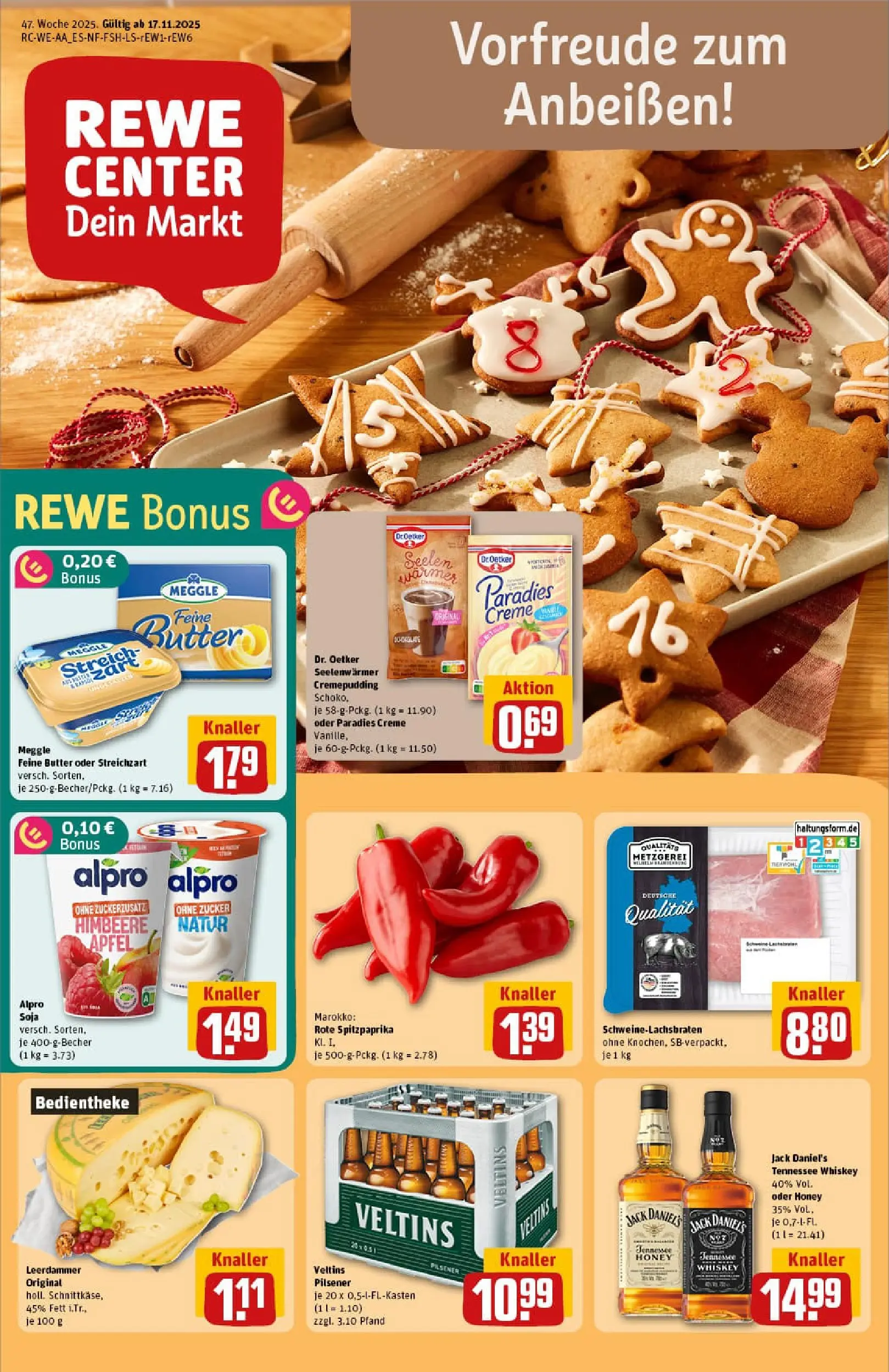 REWE Prospekt ab 17.11.2025 zum Blättern » Angebote | Seite: 1 | Produkte: Jack Daniel's, Leerdammer, Himbeere, Veltins