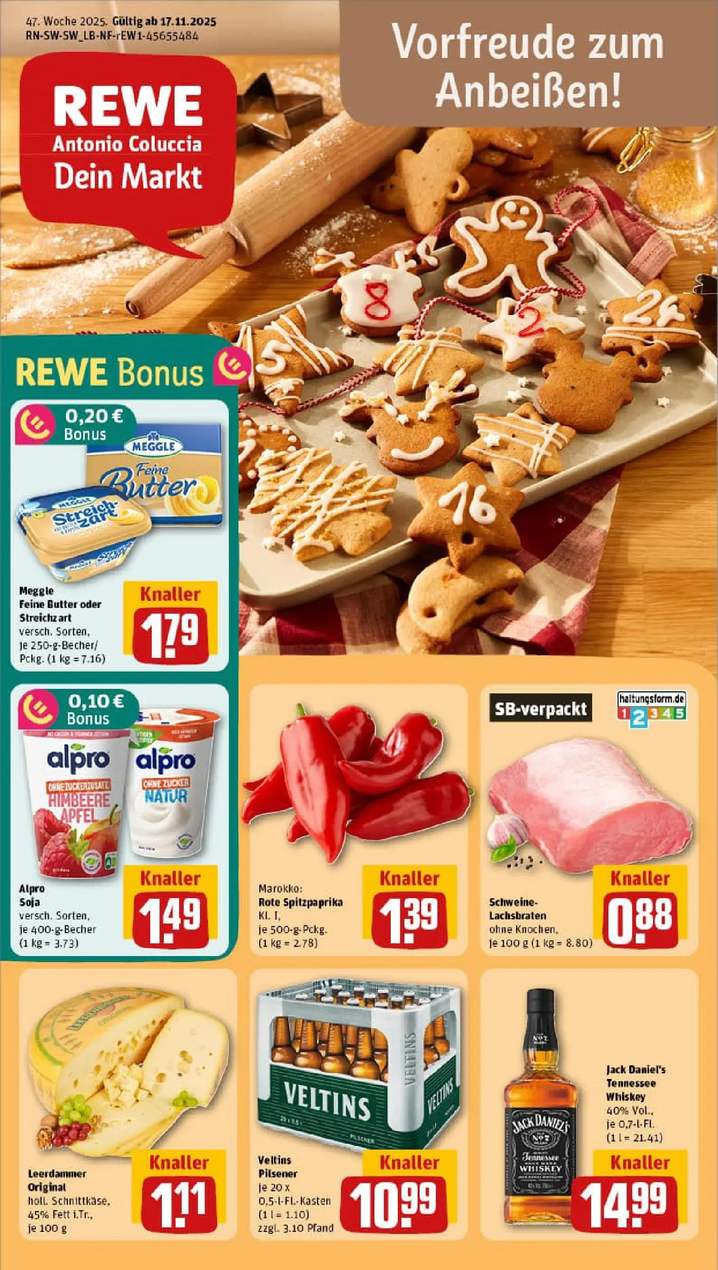 REWE Prospekt ab 17.11.2025 zum Blättern » Angebote | Seite: 1 | Produkte: Jack Daniel's, Alpro, Zucker, Veltins