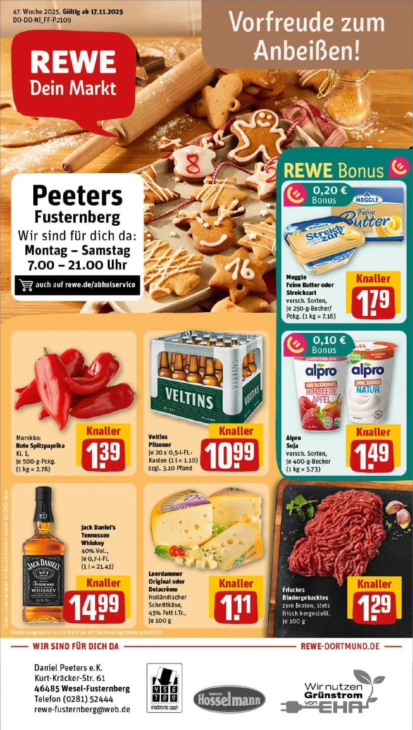 REWE Prospekt ab 17.11.2025 zum Blättern » Angebote | Seite: 1 | Produkte: Butter, Jack Daniel's, Zucker, Telefon