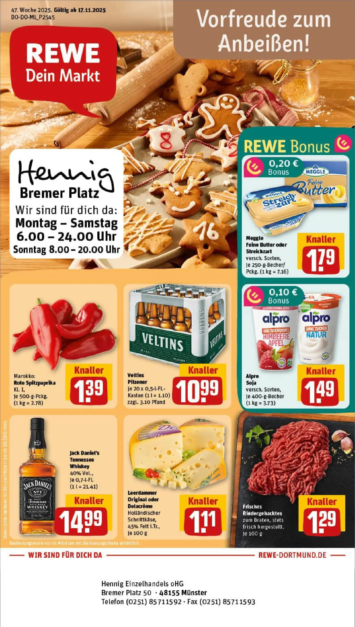 REWE Prospekt ab 17.11.2025 zum Blättern » Angebote | Seite: 1 | Produkte: Butter, Leerdammer, Himbeere, Uhr