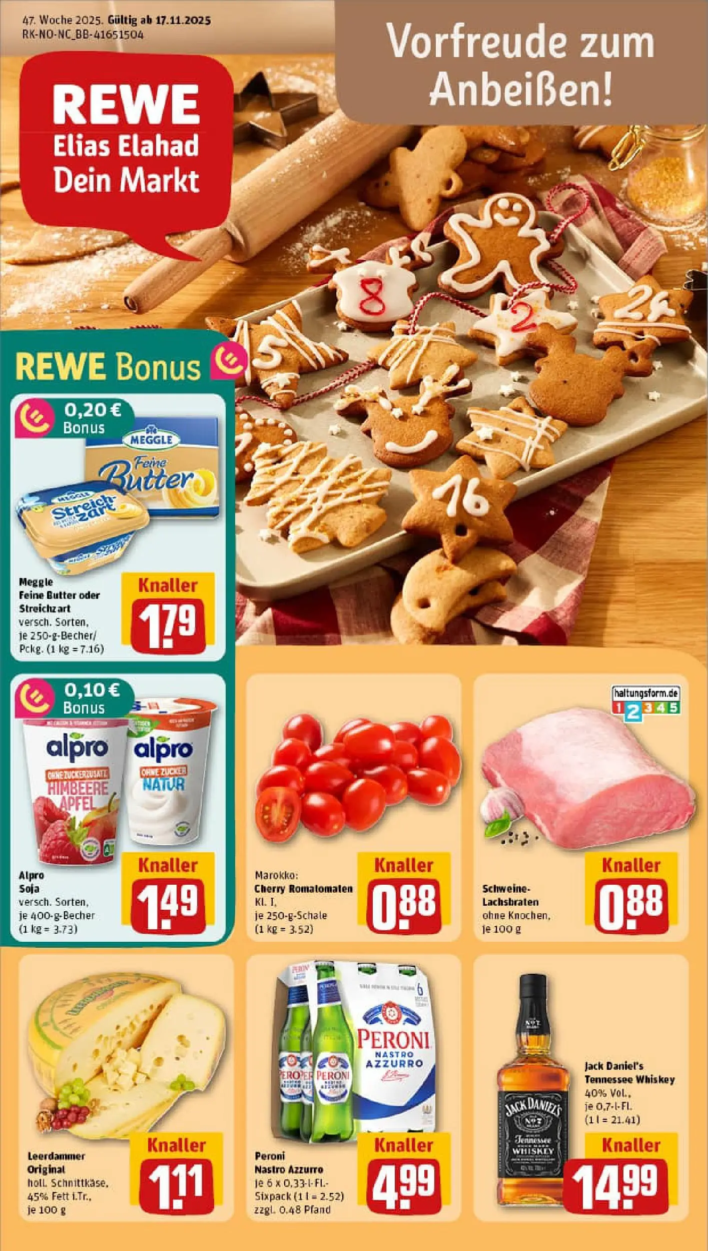 REWE Prospekt ab 17.11.2025 zum Blättern » Angebote | Seite: 1 | Produkte: Äpfel, Zucker, Himbeere, Whiskey