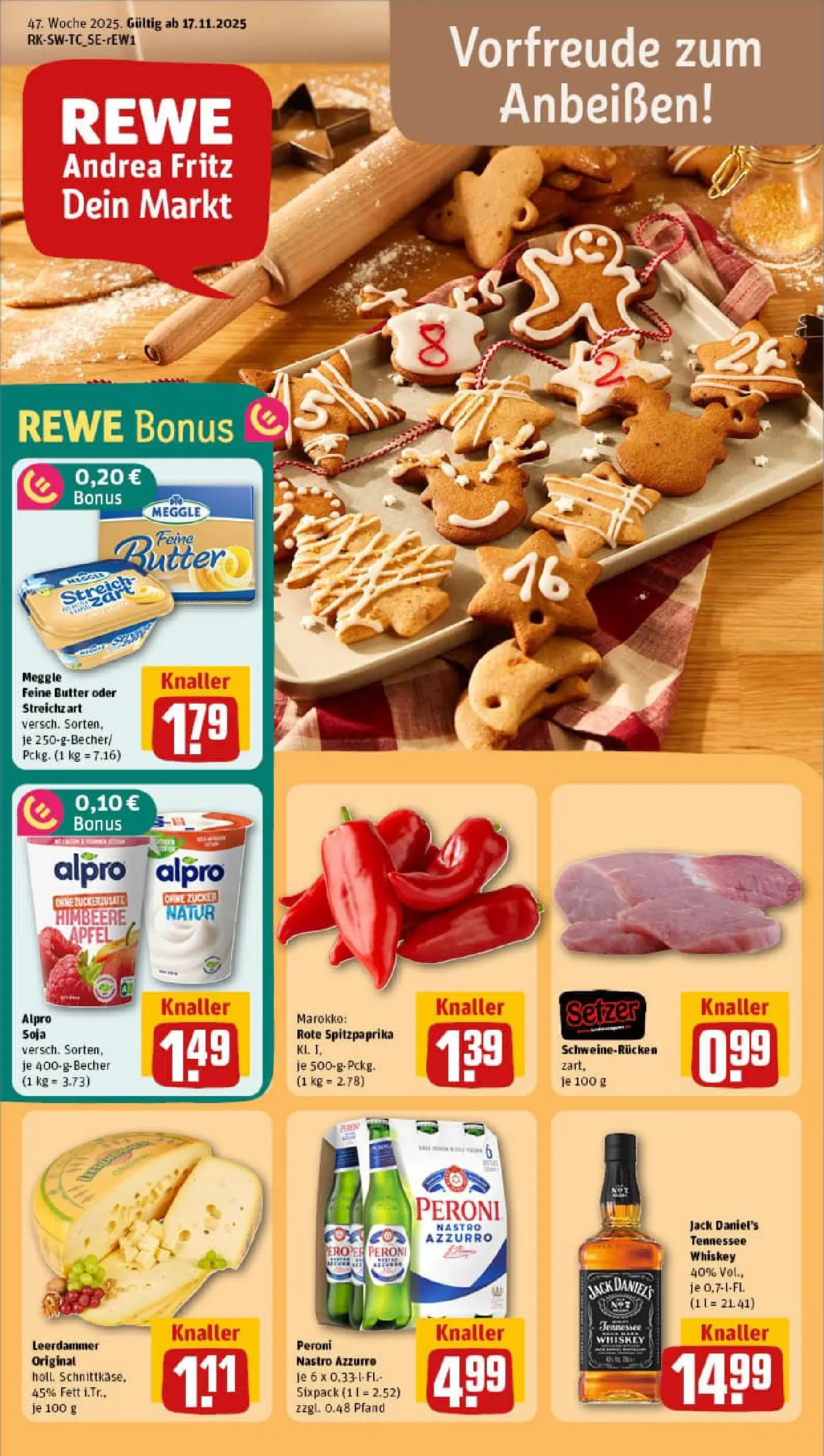 REWE Prospekt ab 17.11.2025 zum Blättern » Angebote | Seite: 1 | Produkte: Butter, Alpro, Schweinerucken, Whiskey