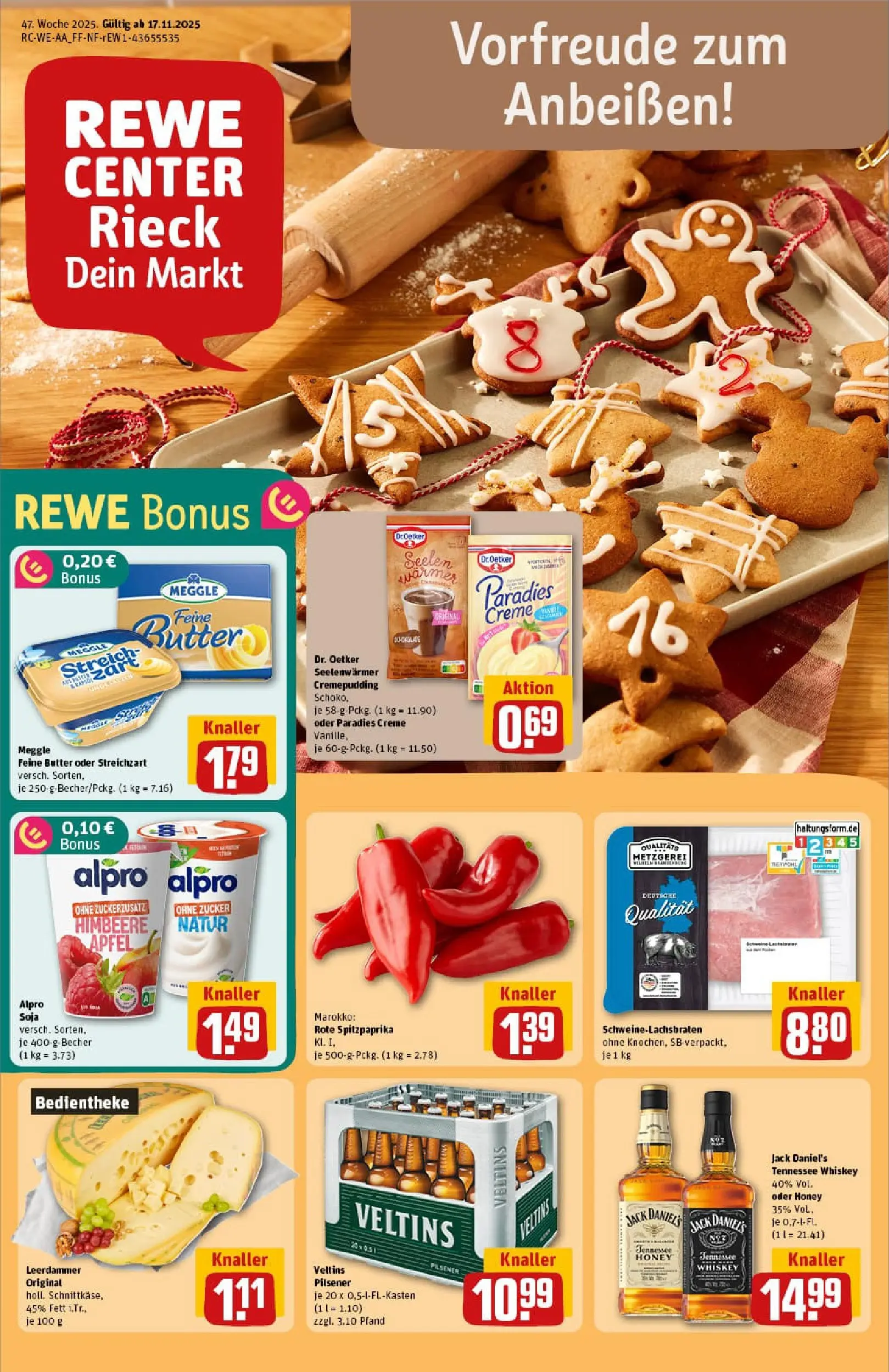 REWE Prospekt ab 17.11.2025 zum Blättern » Angebote | Seite: 1 | Produkte: Äpfel, Creme, Zucker, Meggle butter